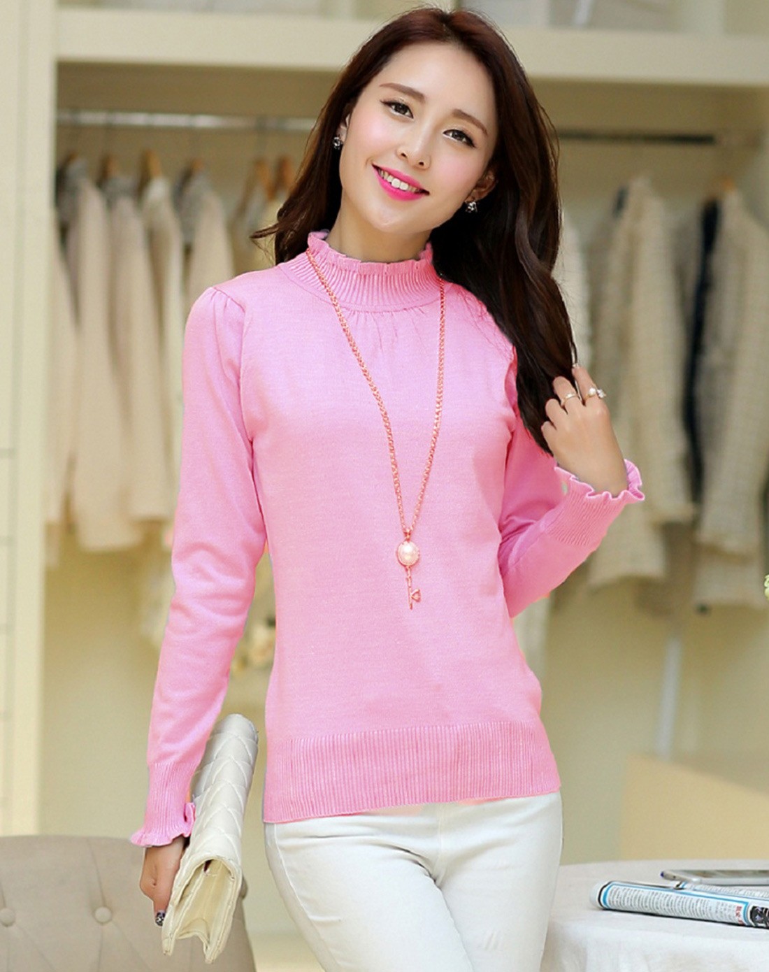 沫晗依美粉色木耳边套头打底毛衣qjyttl1042fen_唯品会