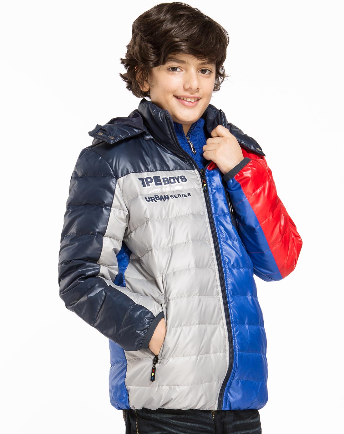 七波辉7-pe男女童装童鞋男童星空兰色拉链袋拼色长袖羽绒服b134396024