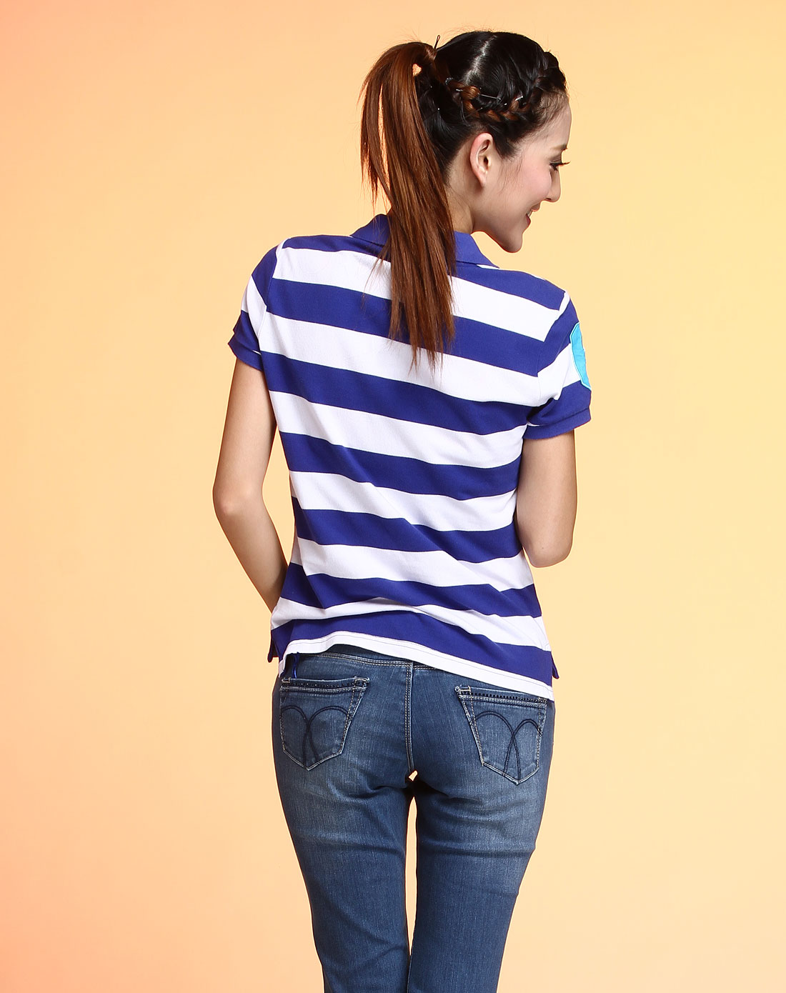 蓝色天空mbsky女装专场-海军蓝色短袖条纹polo衫