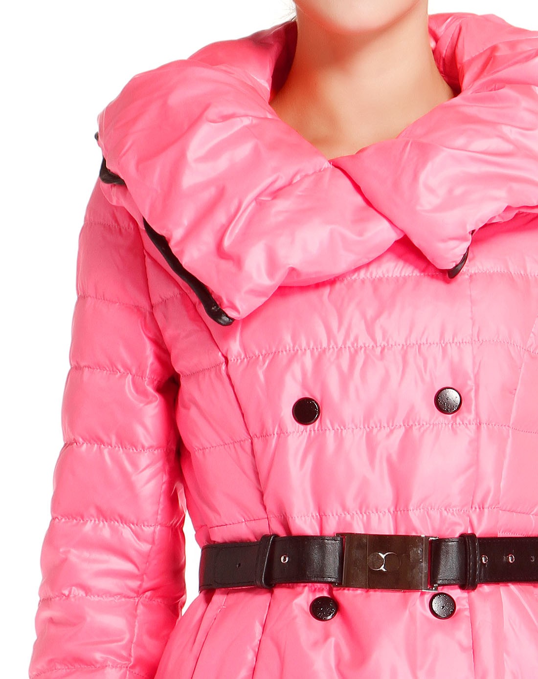 玫红色双排扣修身长袖长款羽绒服