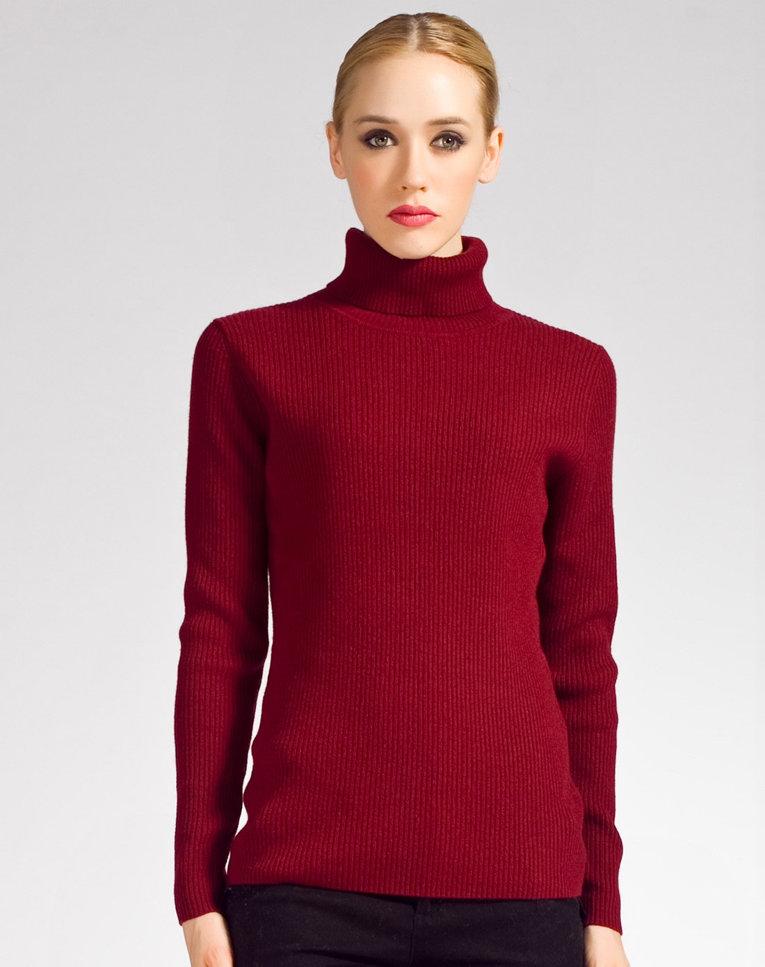 女式枣红色高领羊绒羊毛混纺套头衫毛衣