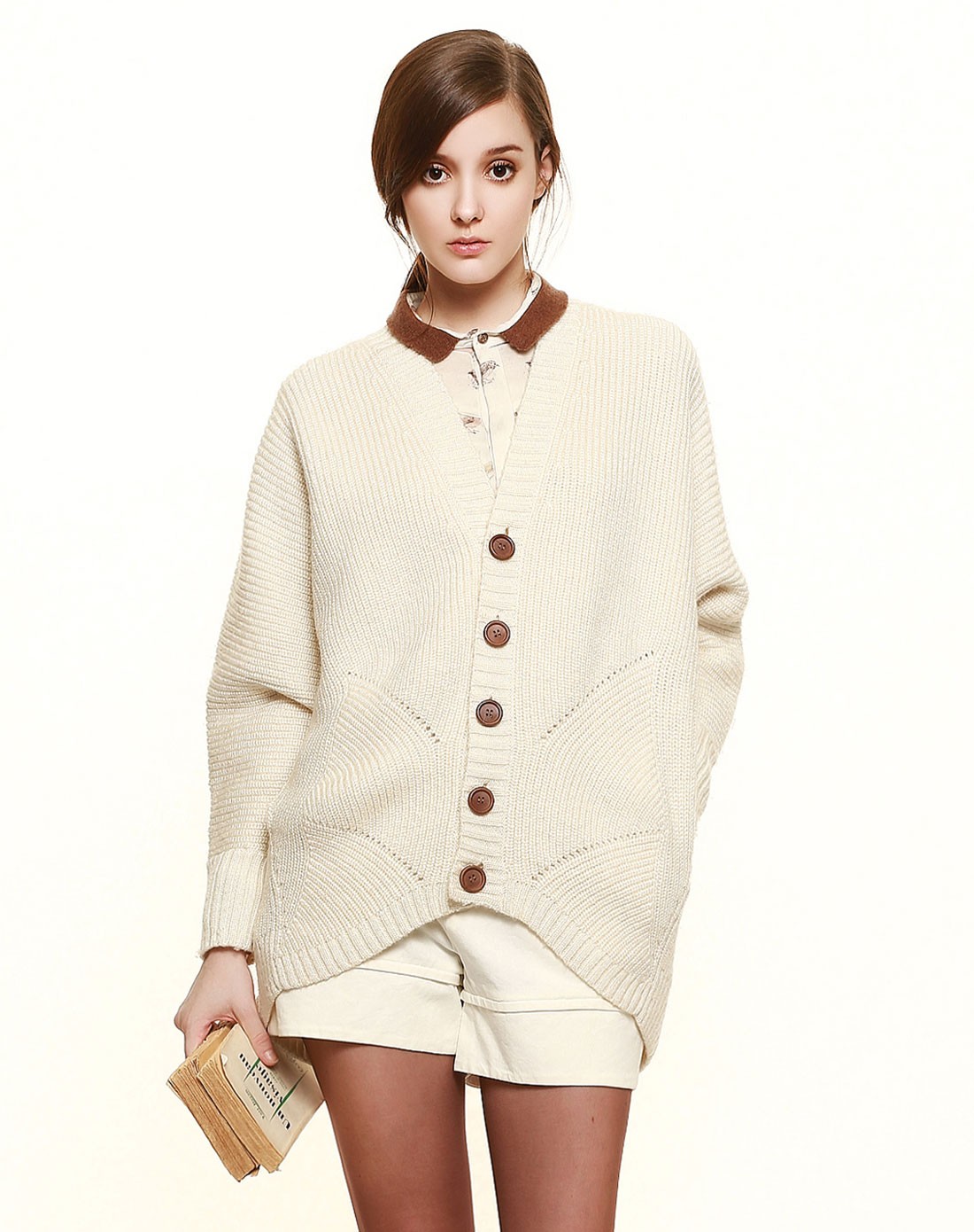 pure女装ein米白色甜美淑女开襟蝙蝠袖长款毛衫ek3703441002_唯品会