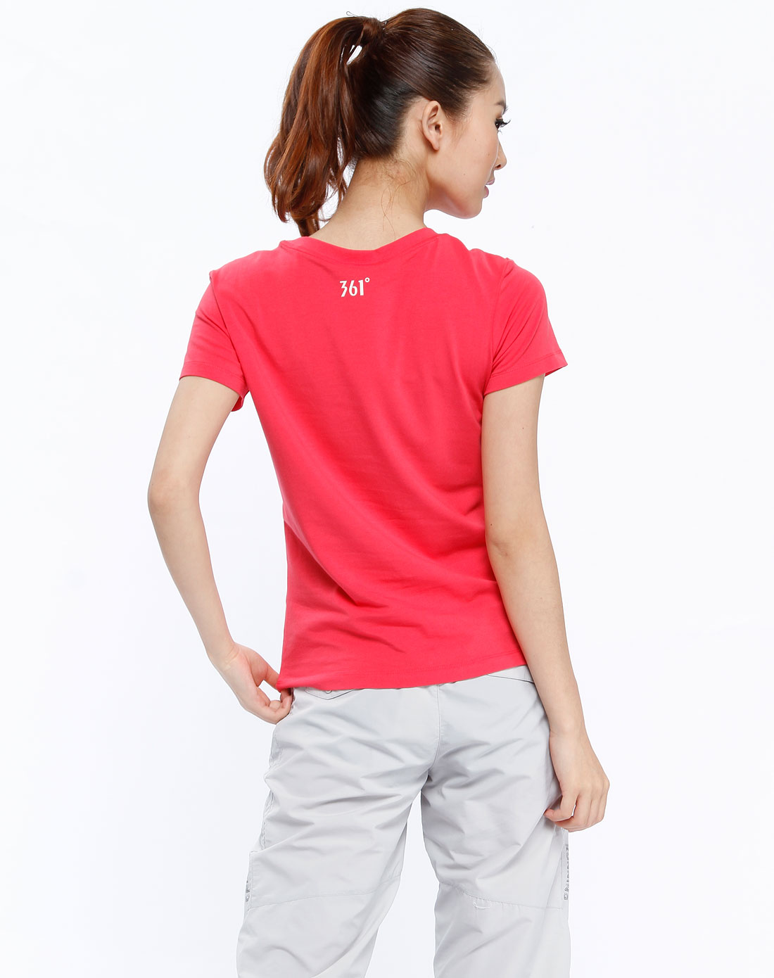 女款玫红色印花圆领短袖t恤