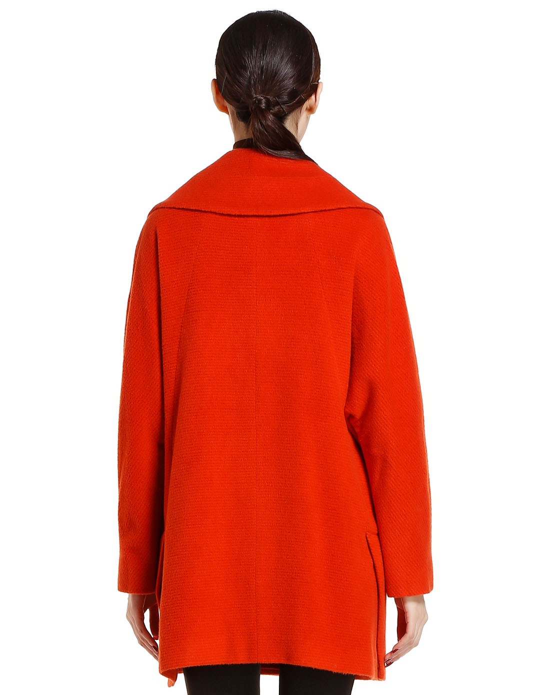 橘红色大翻领箱型中长款呢大衣