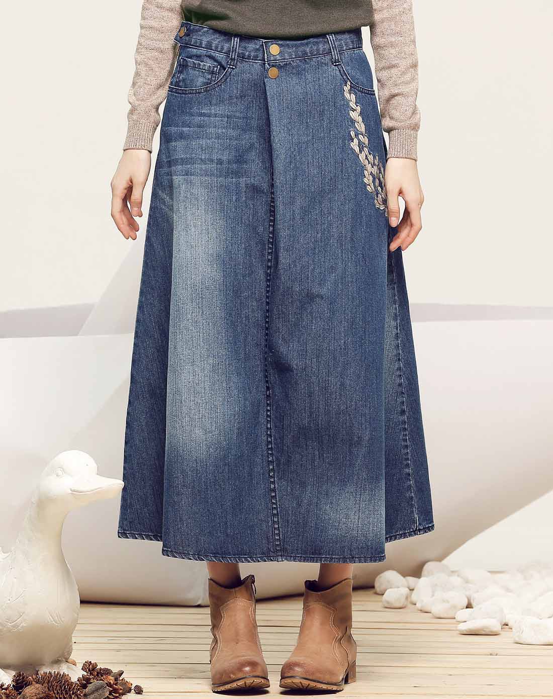 所在here蓝色捏褶绣花长裙子5314010q1215_唯品会