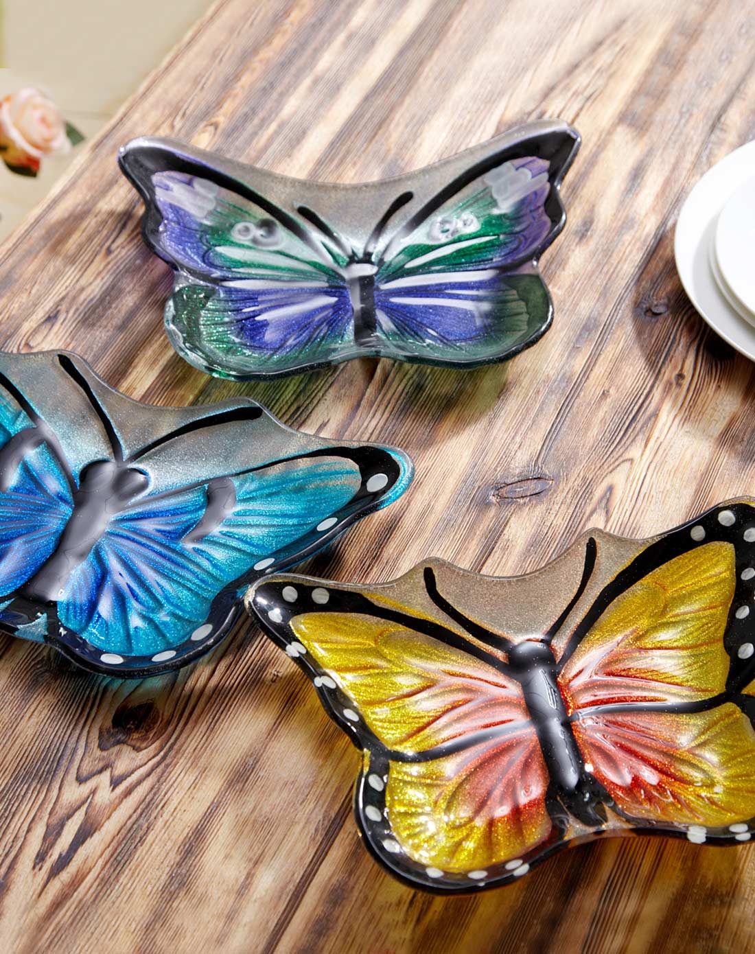 > 手绘热熔玻璃蝴蝶造型大果盘三件套