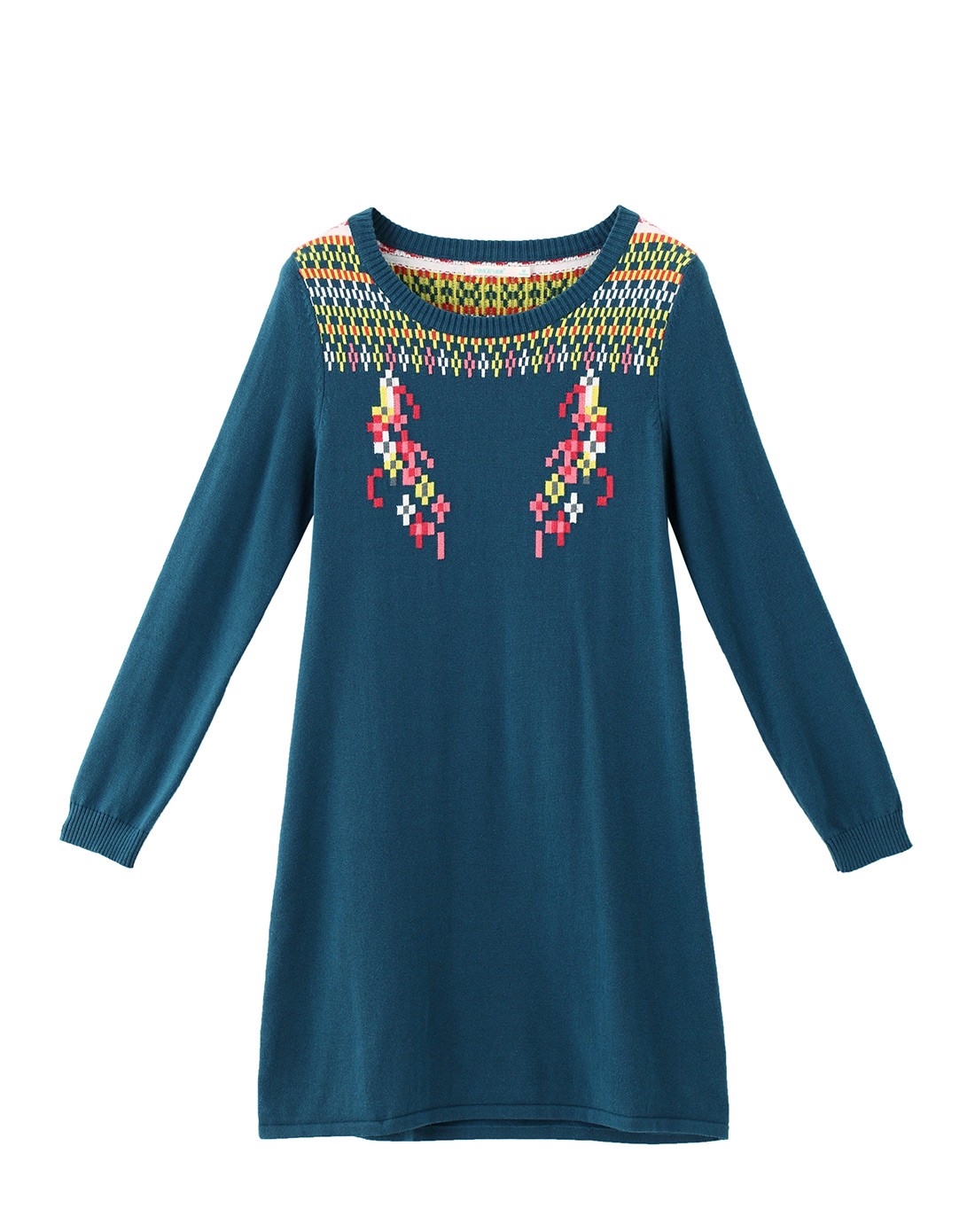 苍蓝色文艺撞色几何提花中长款套头毛衣