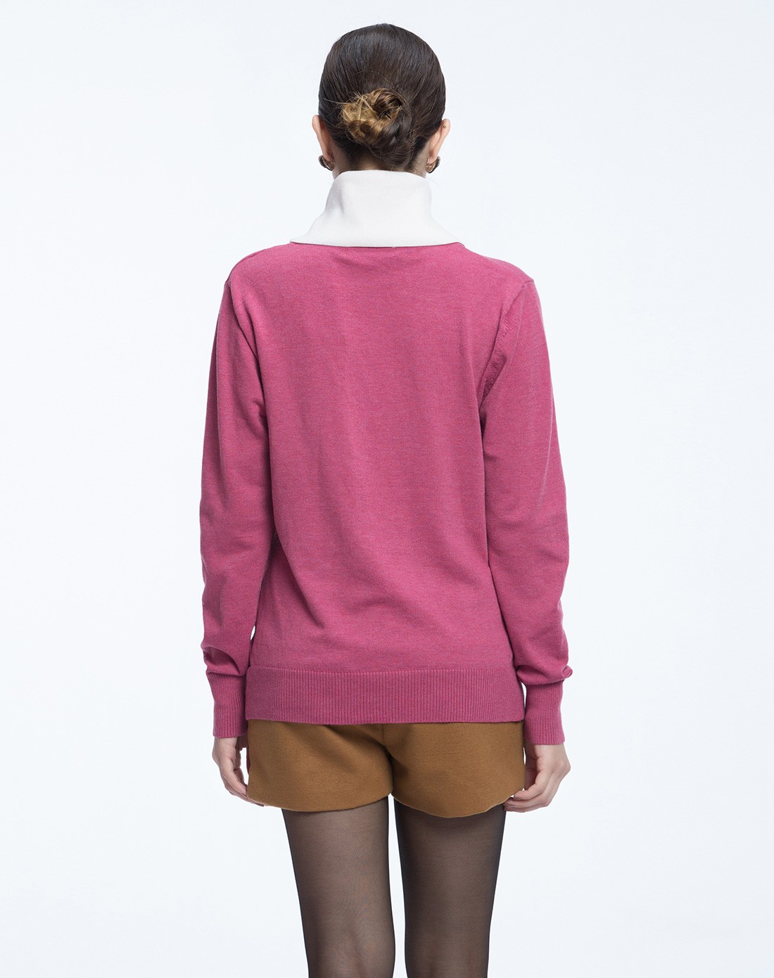 女虾粉色高领v形假开衫长袖羊毛衫