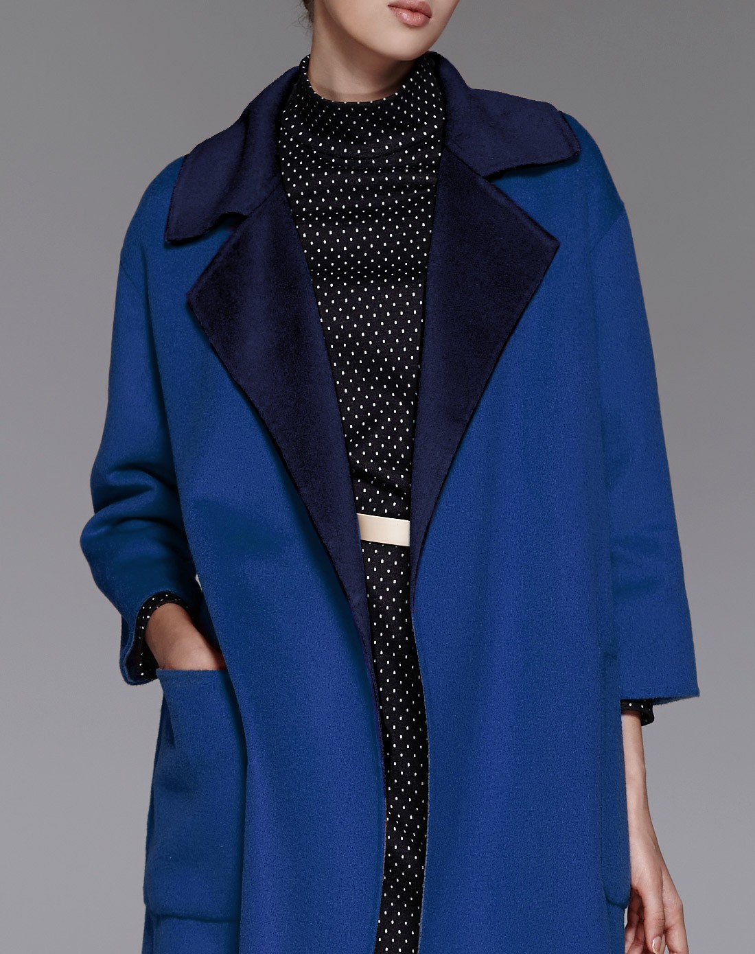 宝蓝色时尚九分袖双面呢羊毛大衣