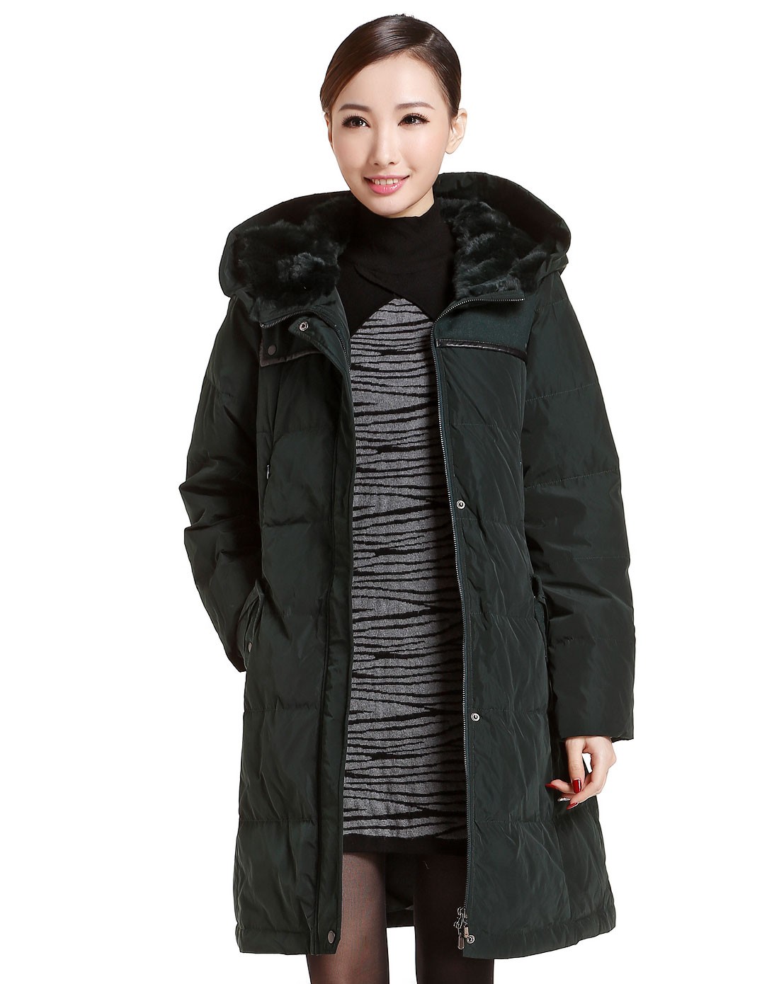 misavogue名莎女装深绿色连帽淑女长袖长款羽绒服ms135r166026_唯品会