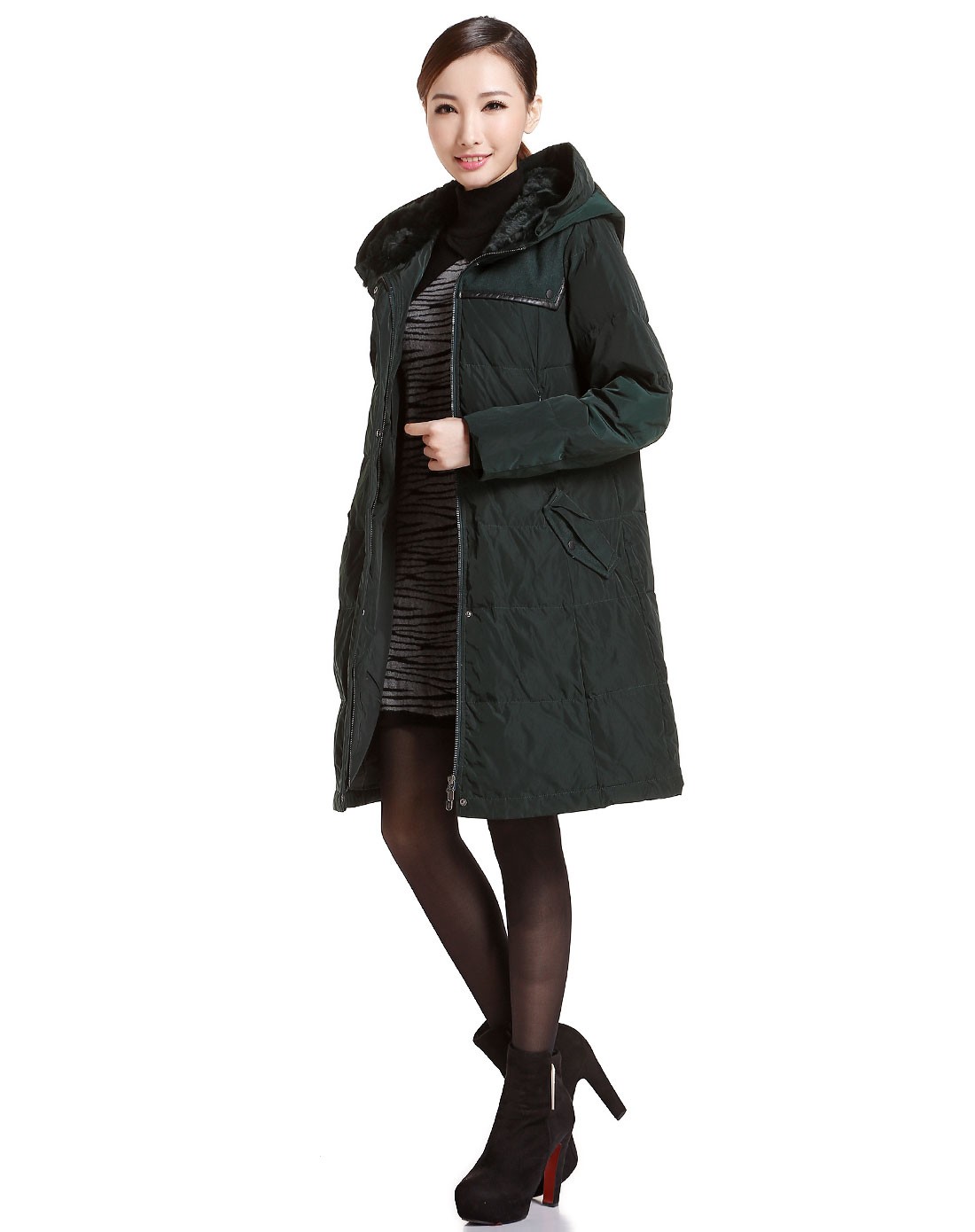 misavogue名莎女装深绿色连帽淑女长袖长款羽绒服ms135r166026_唯品会