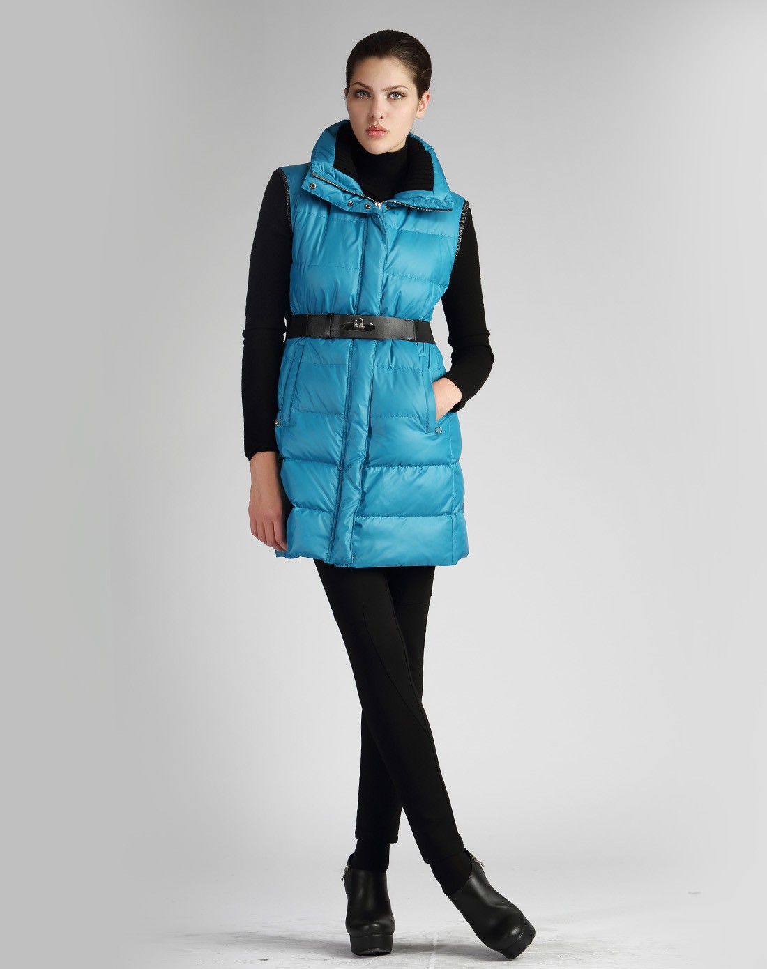 蓝色魅力时尚无袖长款羽绒服