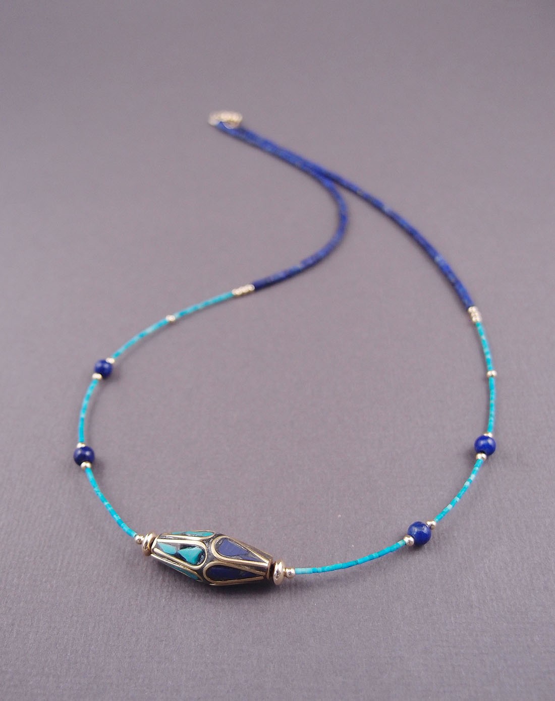 极细天然阿富汗青金石绿松石项链