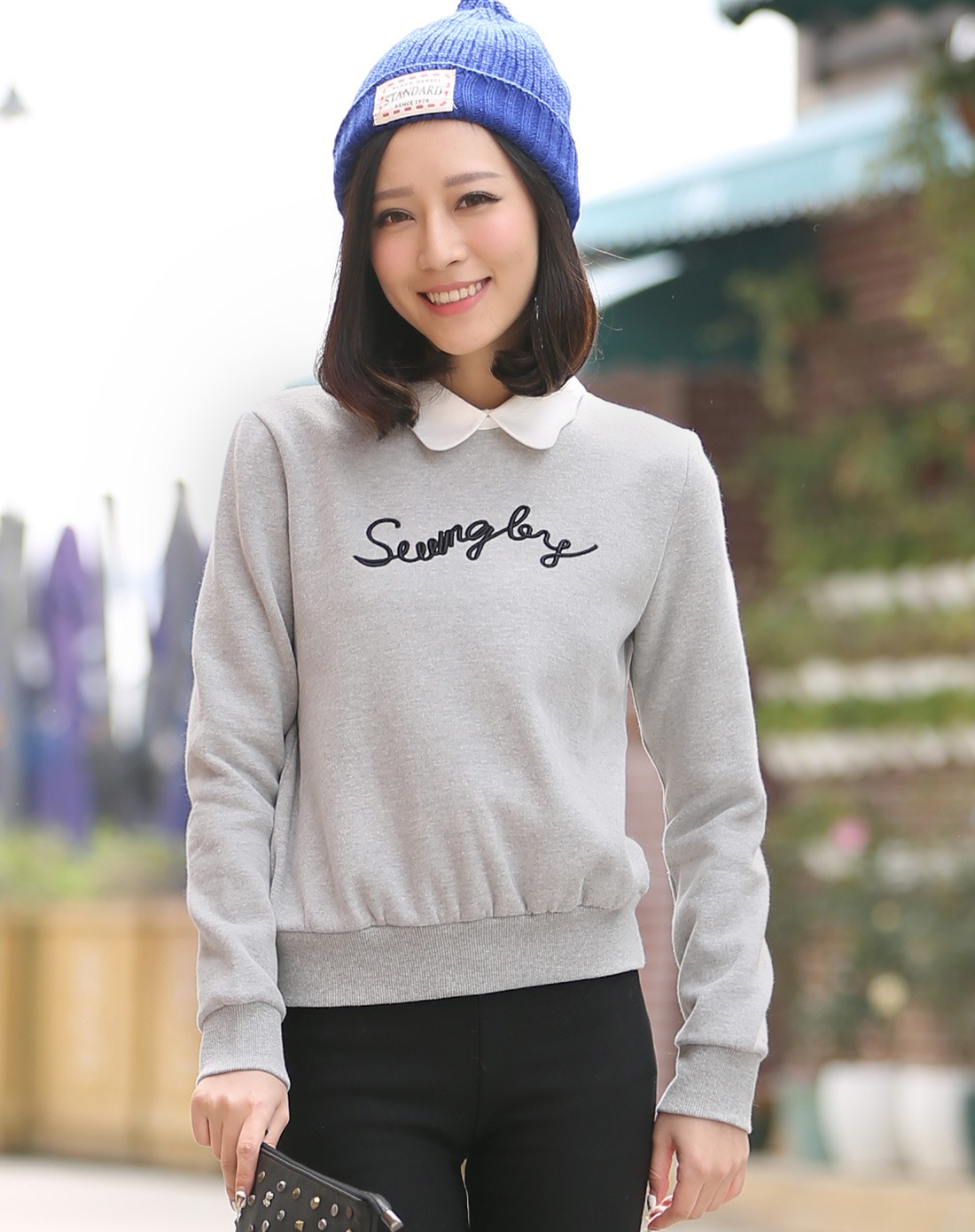 女士灰色少女休闲流行款抓毛料合身套头卫衣