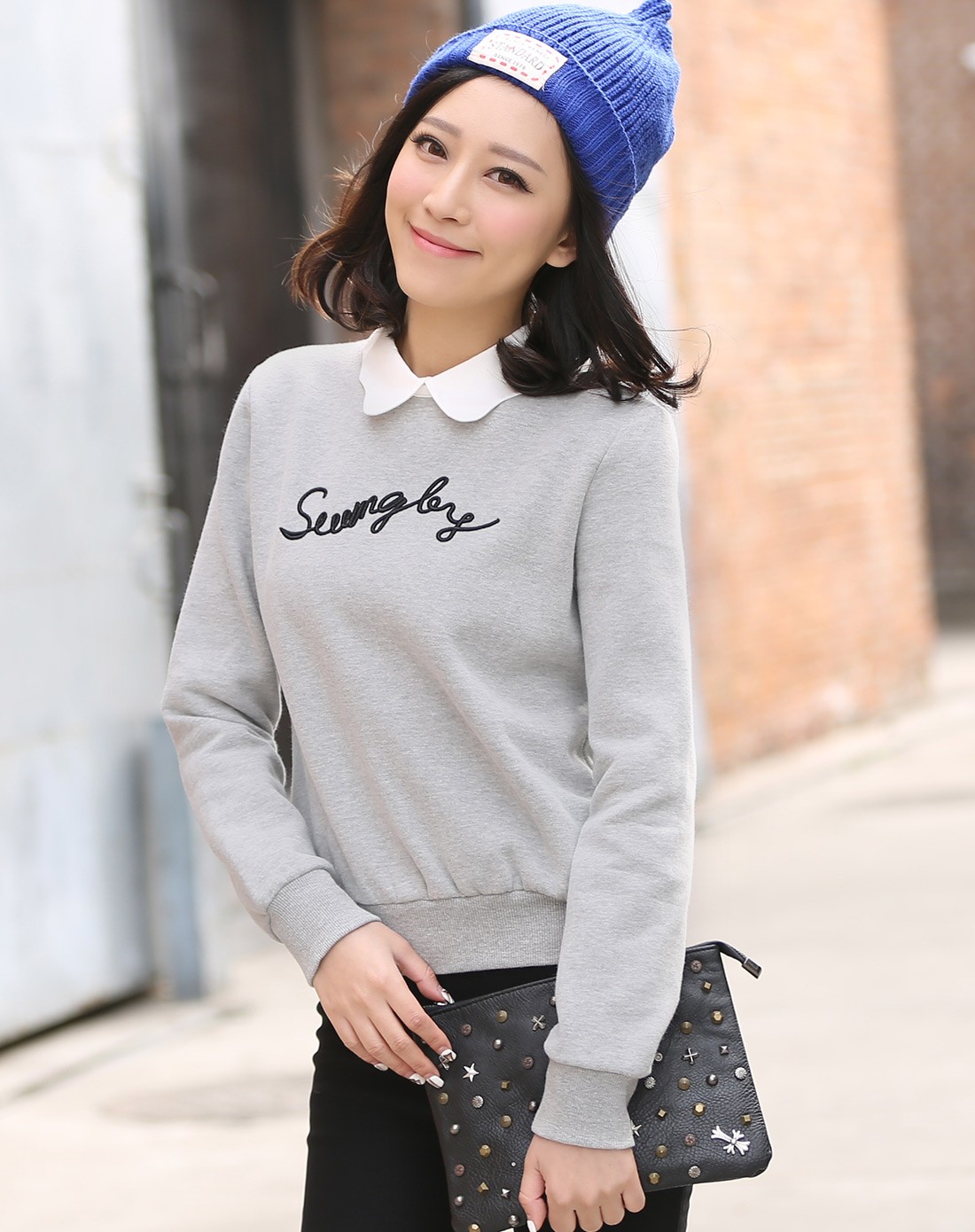 女士灰色少女休闲流行款抓毛料合身套头卫衣