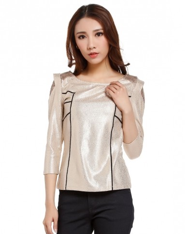 浅金色圆领潮流珠片七分袖上衣