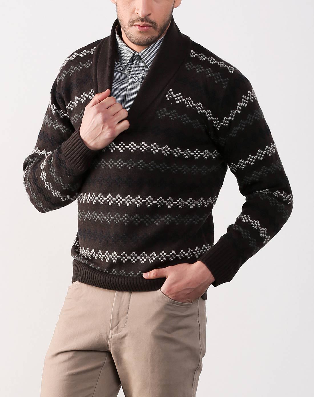 汤尼威尔tonywear男装专场 > 深灰啡色时尚提花长袖毛衣