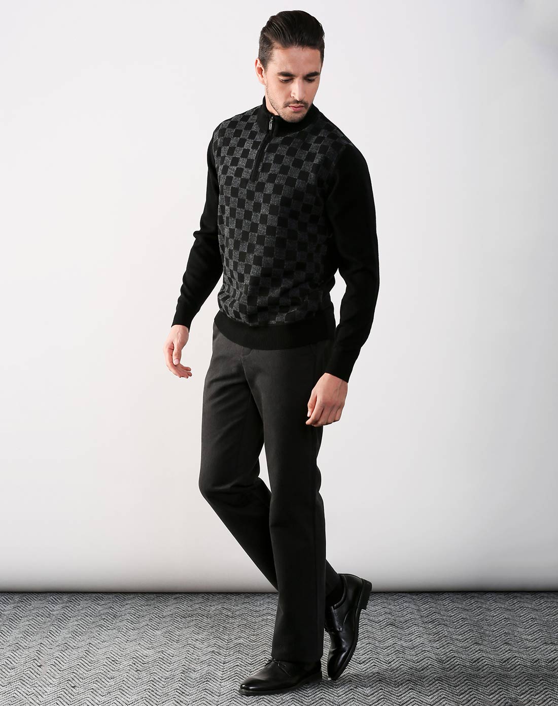 汤尼威尔tonywear男装专场 黑色格子潮流长袖100%羊毛衫