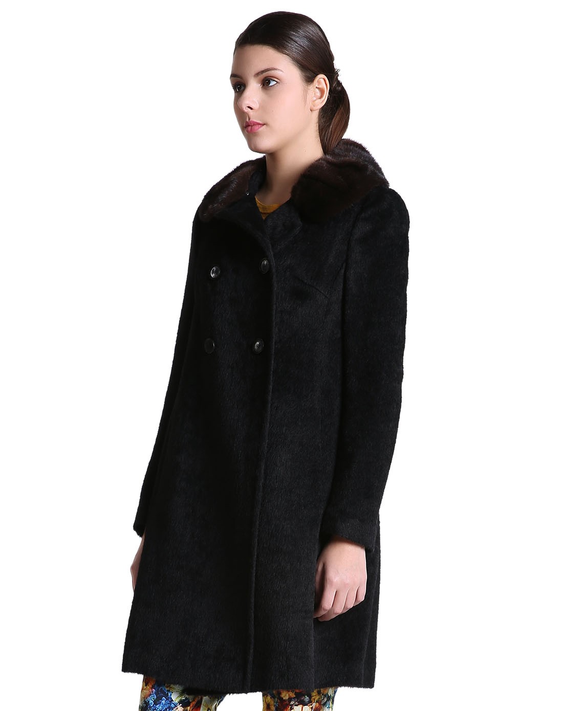黑色水貂毛双排扣大衣