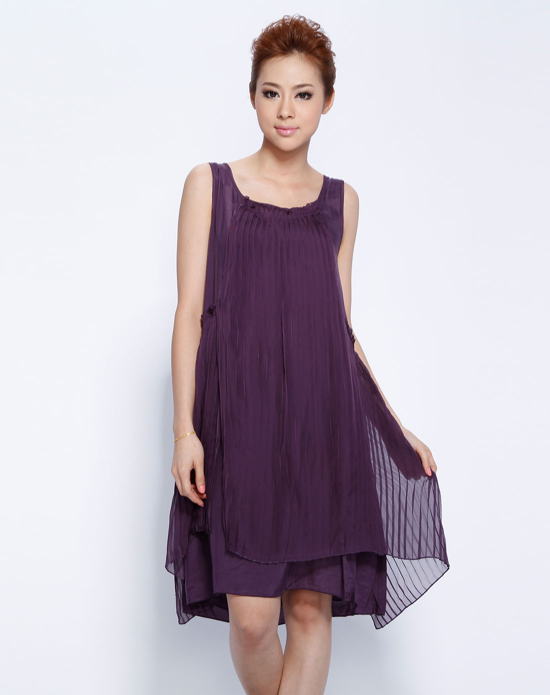 紫罗兰色无袖梭织连衣裙