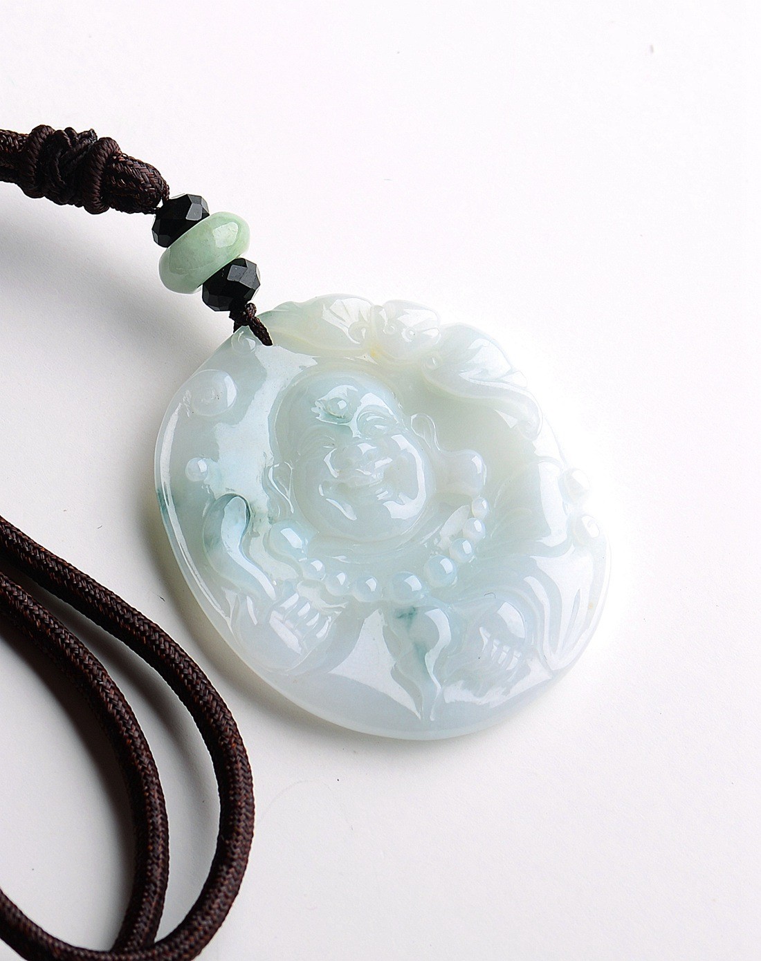 a货翡翠糯种白底飘蓝花如意如来吊坠