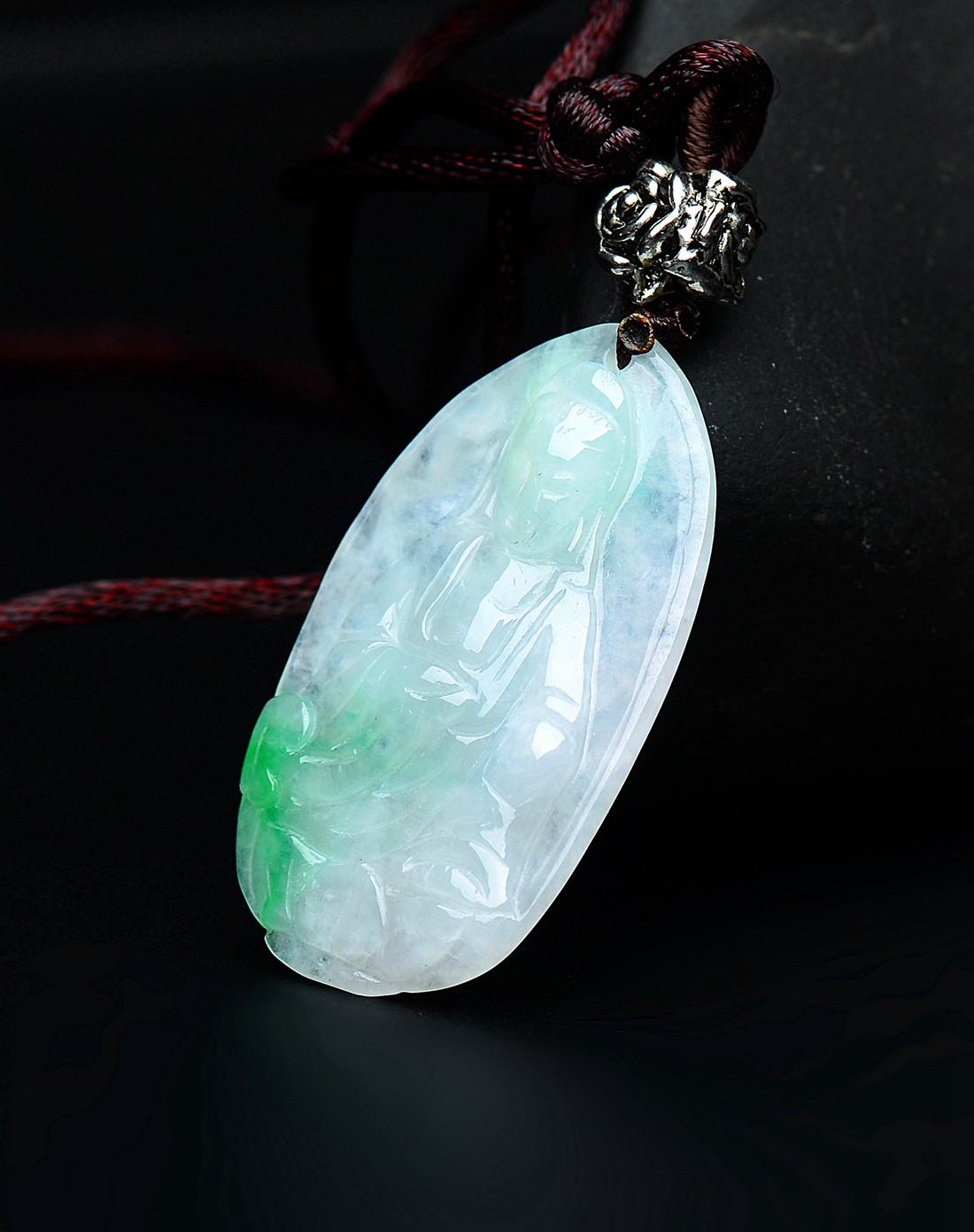 a货翡翠冰糯种阳翠观音赐福吊坠