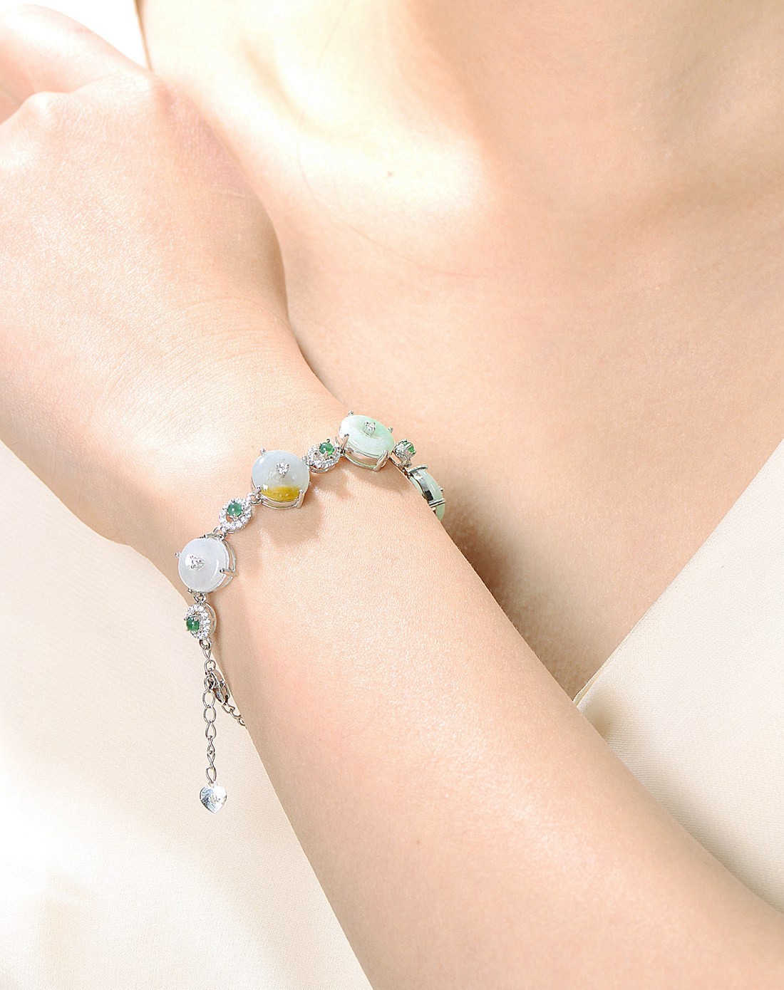 s925银镶a货翡翠冰糯种三彩平安扣手链