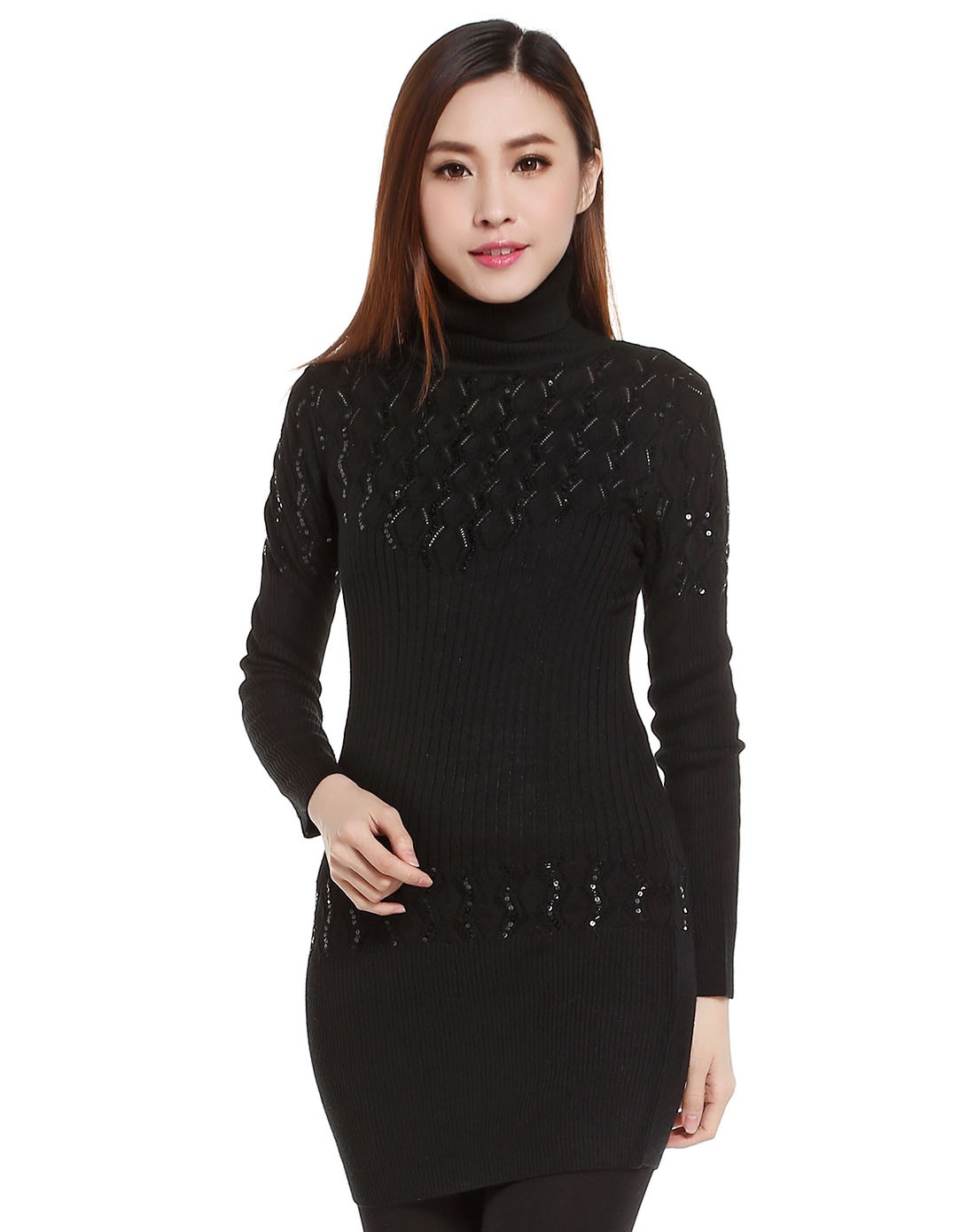 玛玮丝maavalus黑色珠片简约长袖针织连衣裙m44k1869010_唯品会