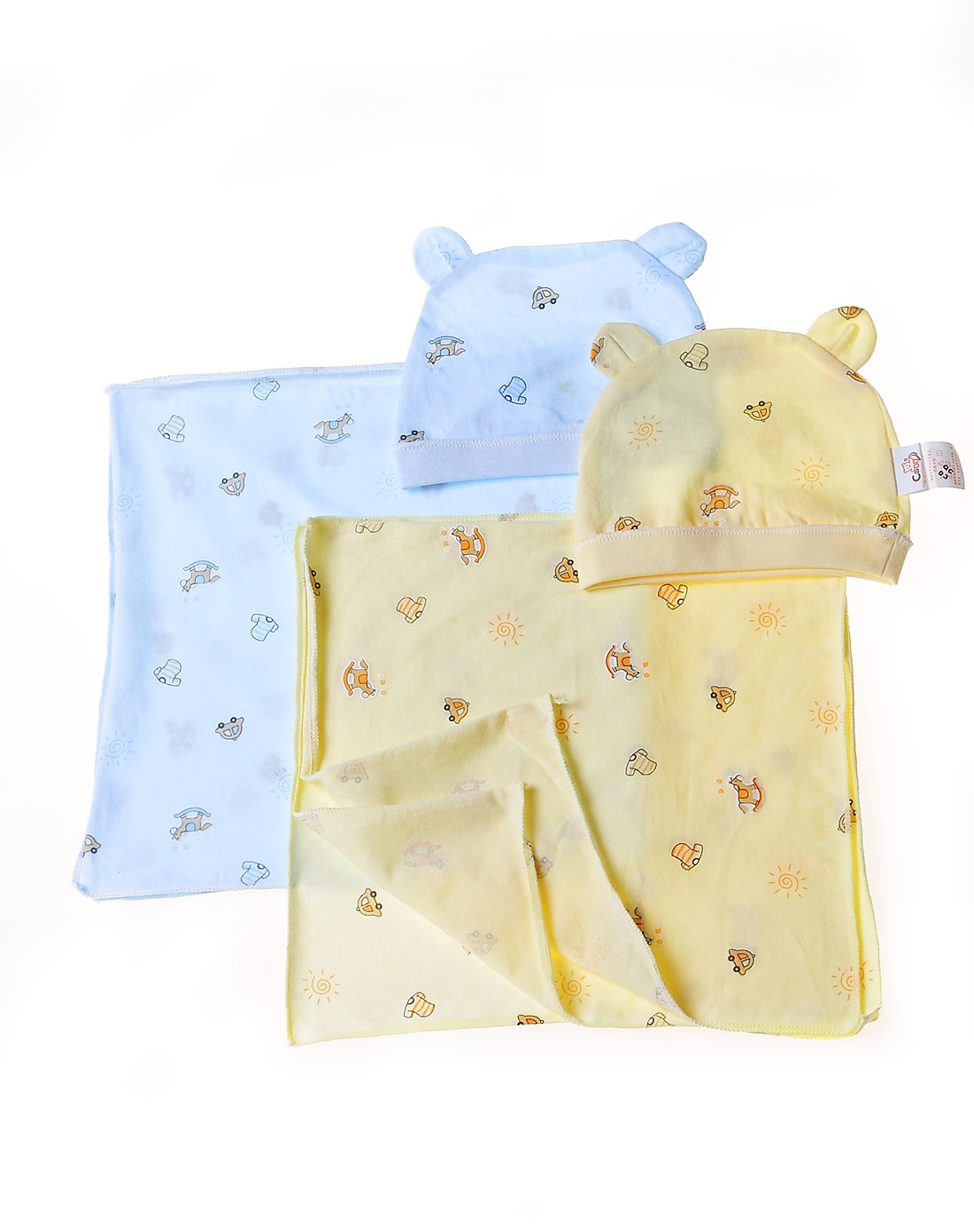 可米熊 中性蓝/黄纯棉小木马双耳帽加手帕