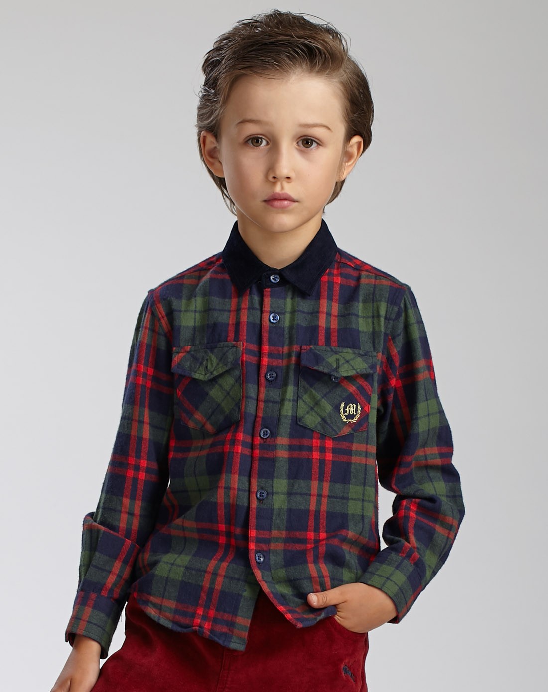 男童藏青格子衬衫