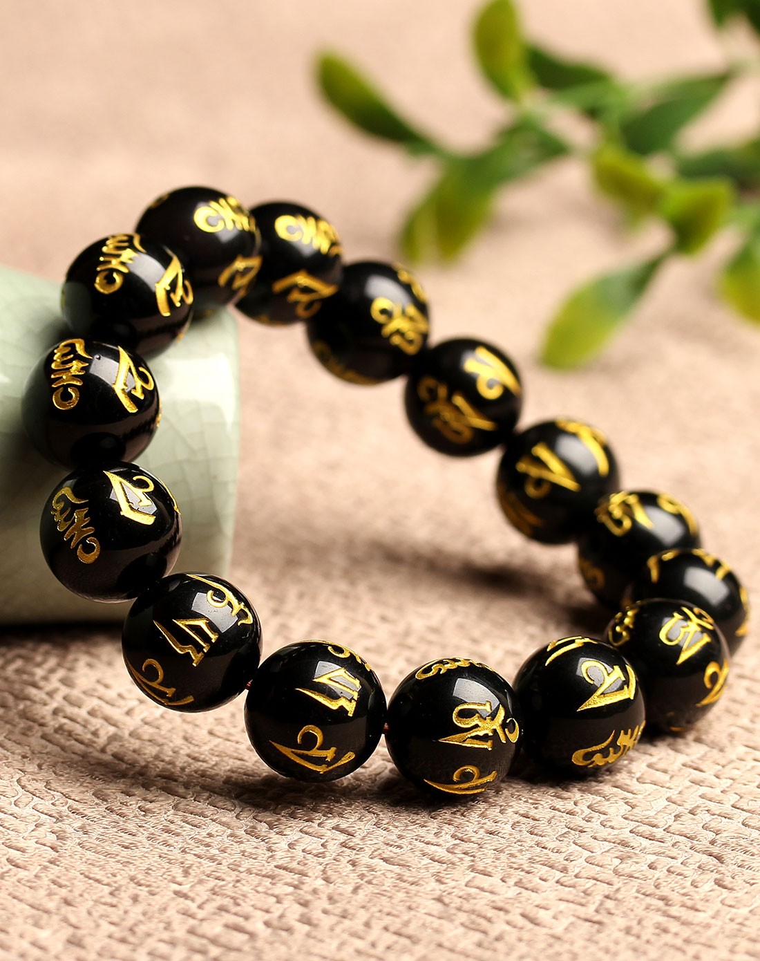 3a级墨西哥黑曜石手链六字真言烫金12mm