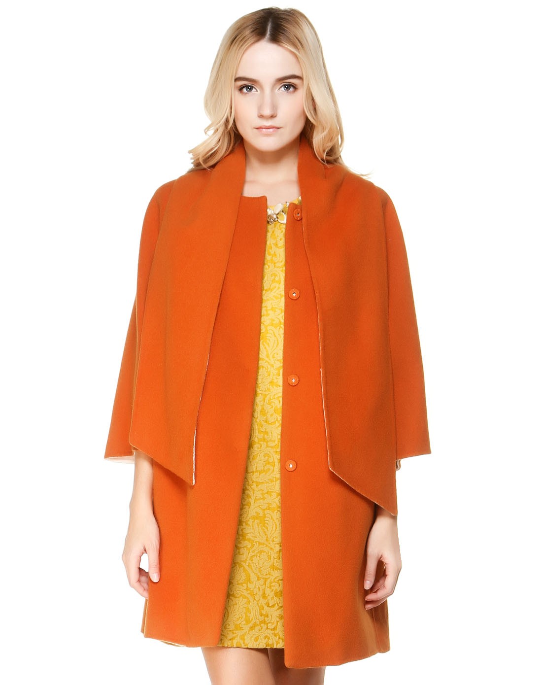 橙色简约欧美风格九分袖大衣
