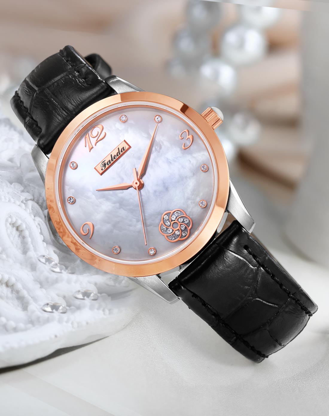 faleda手表专场 > 贝壳面玫瑰金壳女士防水石英黑色皮带表