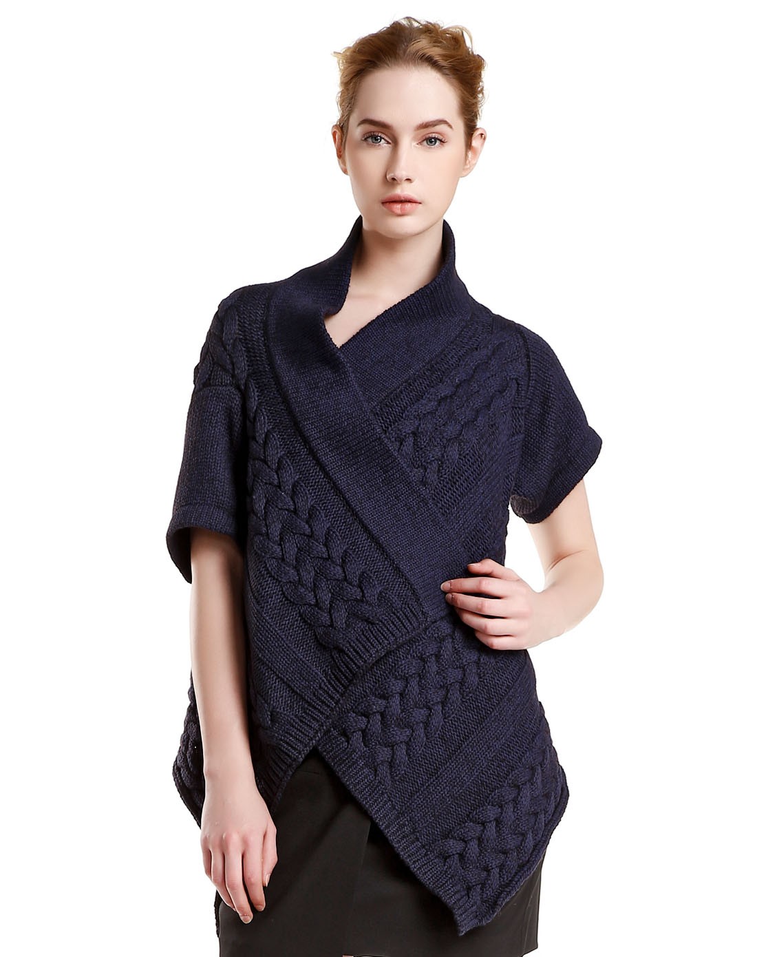 藏蓝色个性织纹开襟针织衫