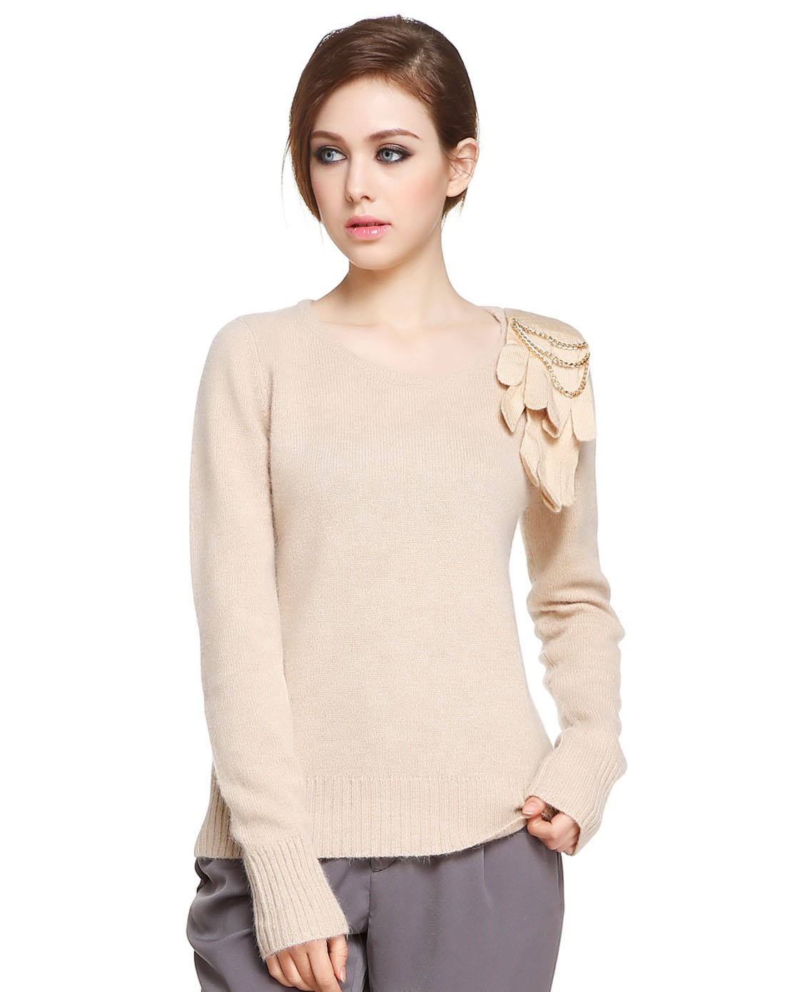 katie judith浅棕黄色个性装饰长袖针织衫