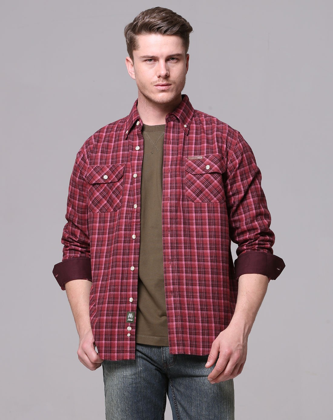 jeep男士户外休闲专场男款红色长袖格纹衬衫 柔软舒适纯棉jw10wh034f7