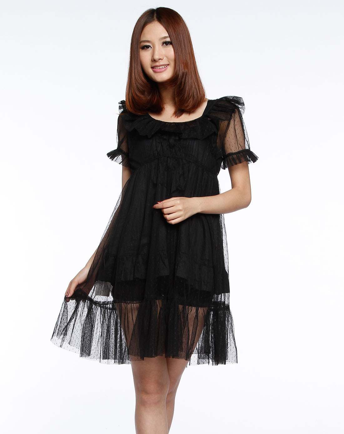 淑女屋 淑女屋 黑色蕾丝大圆领短袖连衣裙