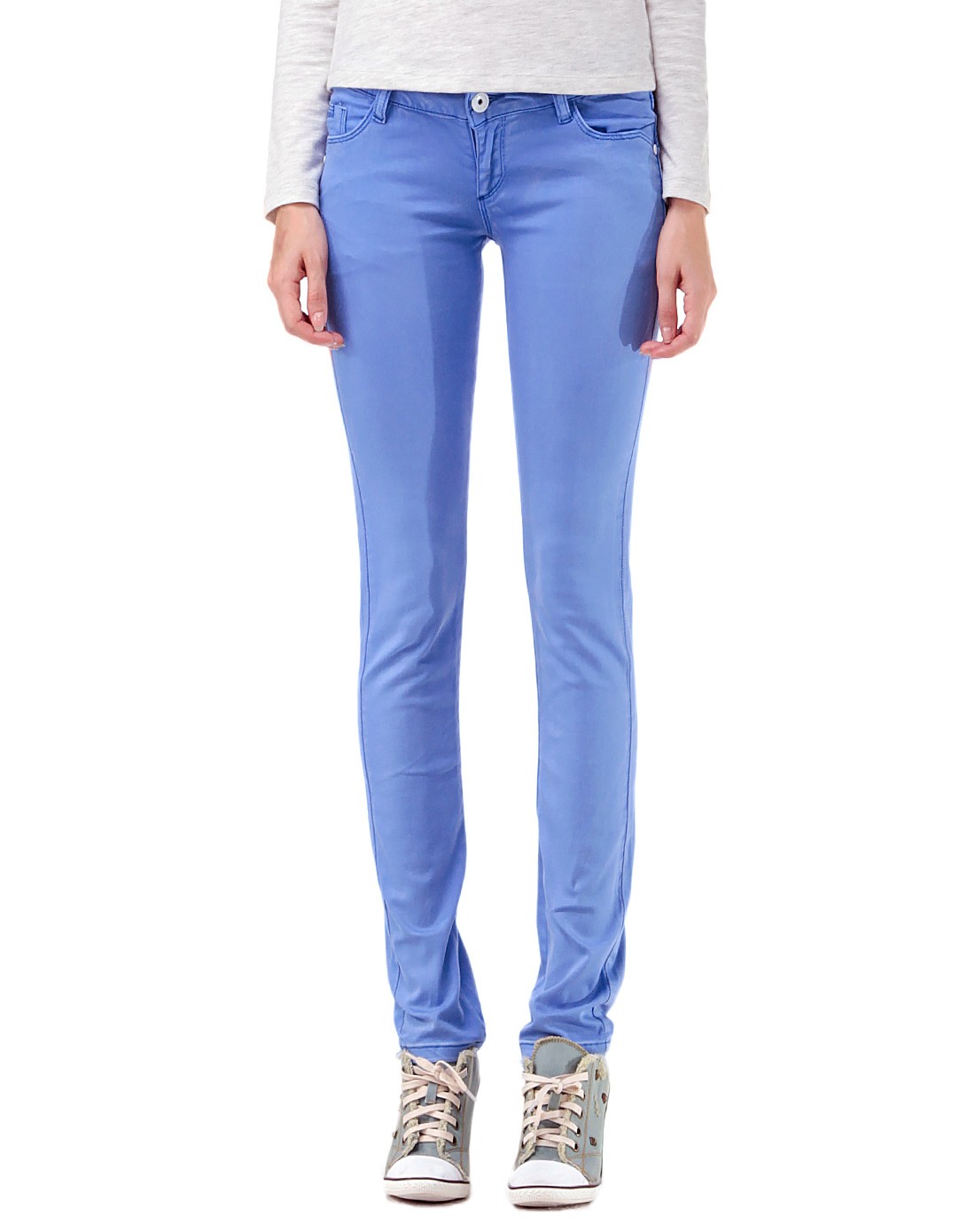 女款彩蓝色低腰牛仔长裤 合体时尚