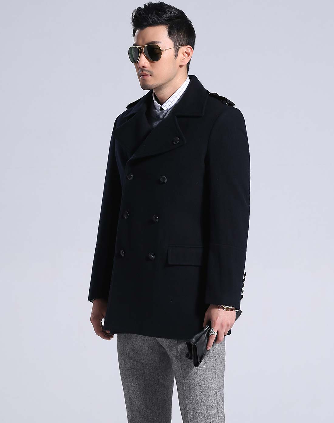 男款黑藏青色简洁帅气双排扣长袖毛呢大衣