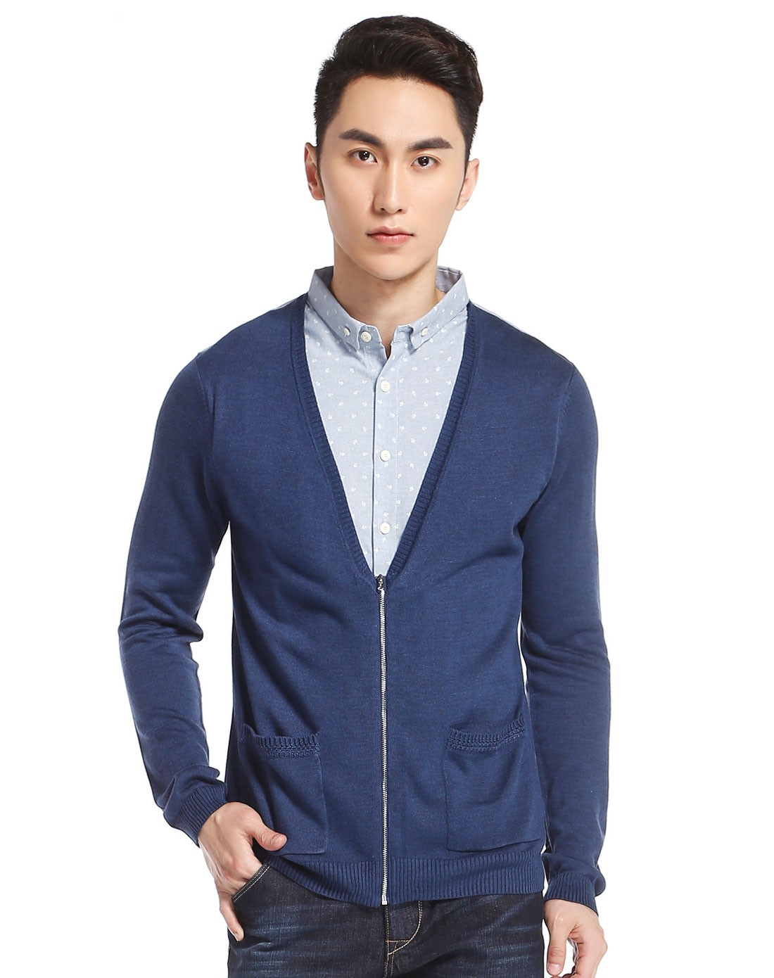 藏蓝/浅蓝色假两件开襟长袖针织上衣