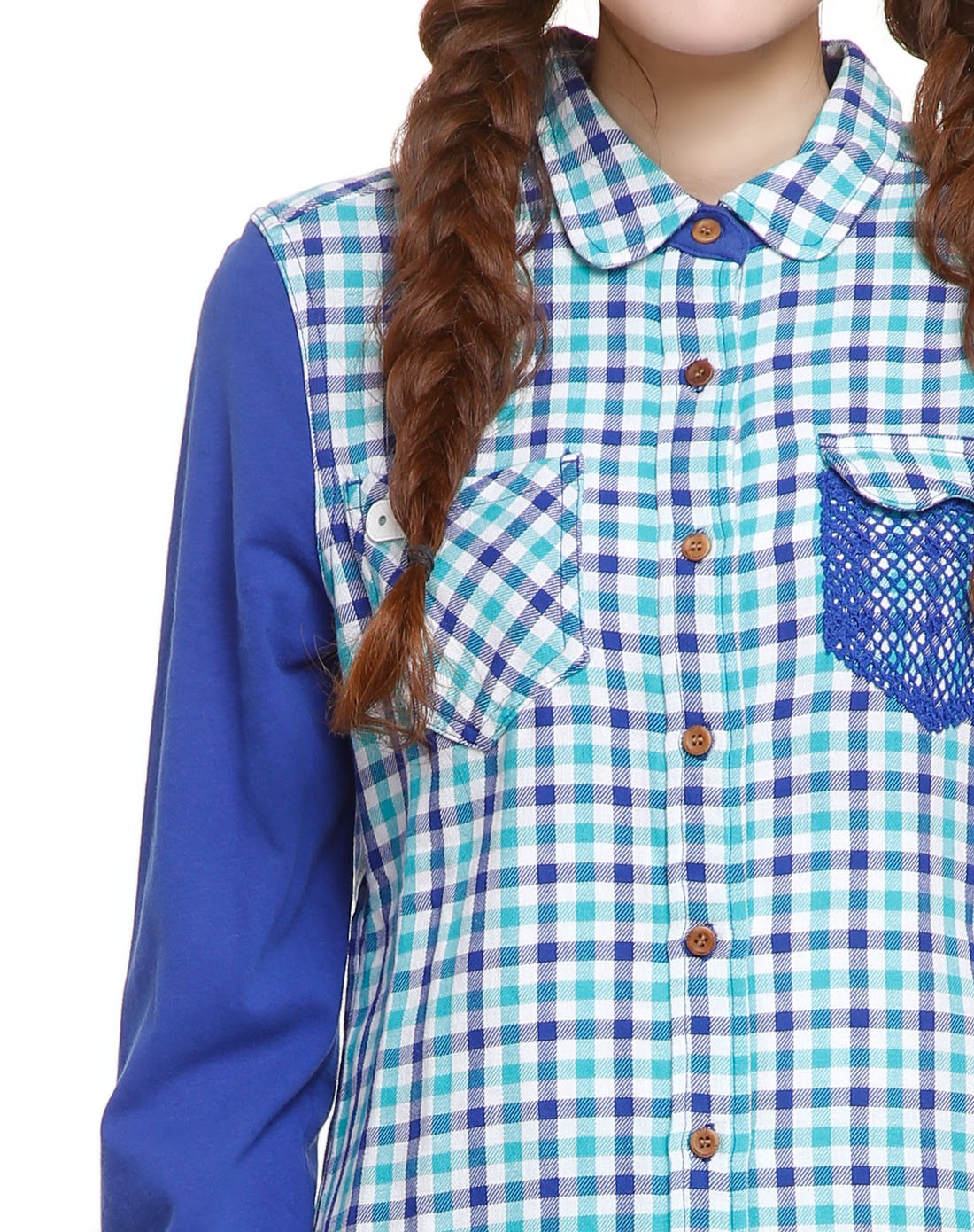 女款蓝色格子时尚长袖衬衫