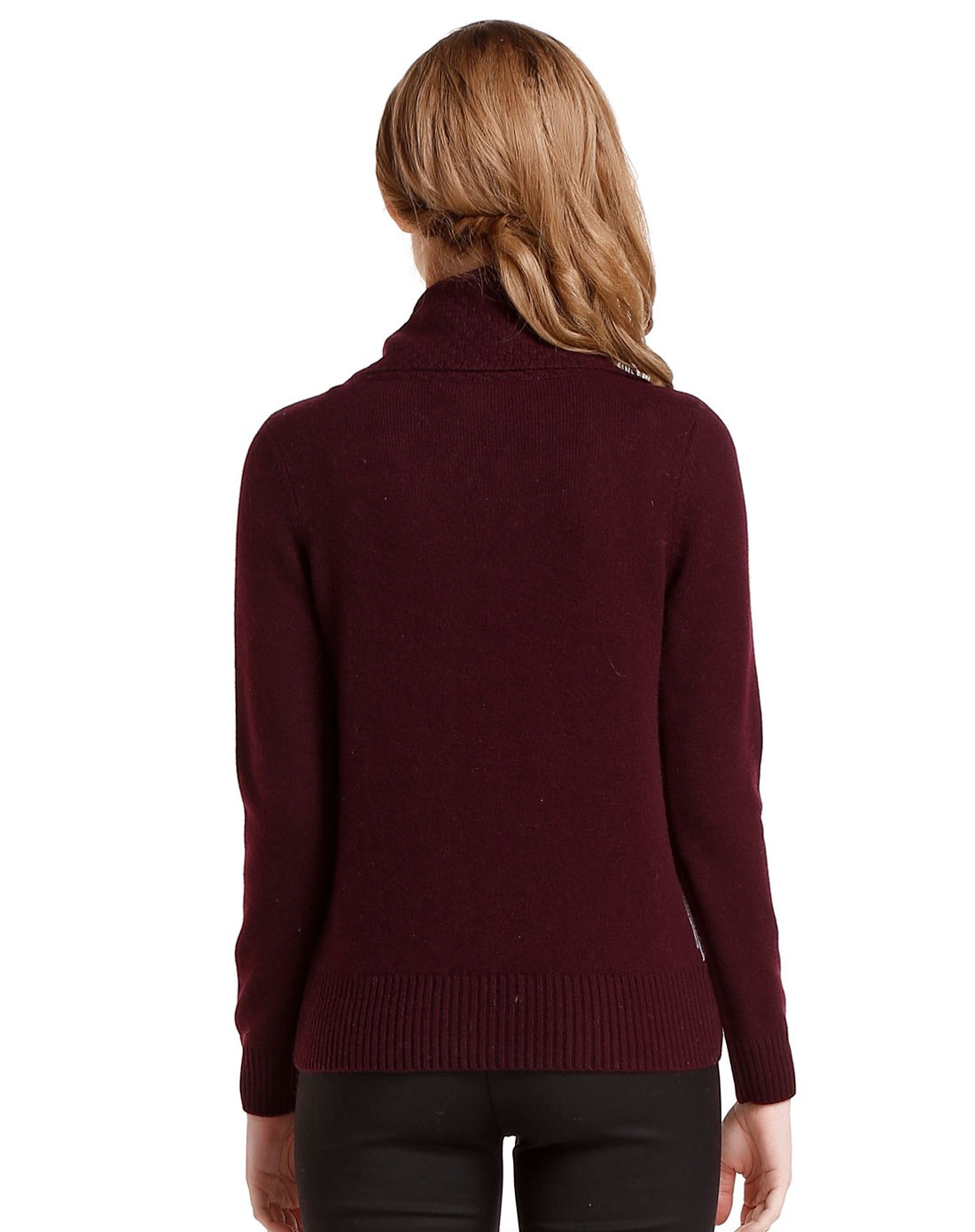 女款深紫/灰色提花长袖100%山羊绒衫