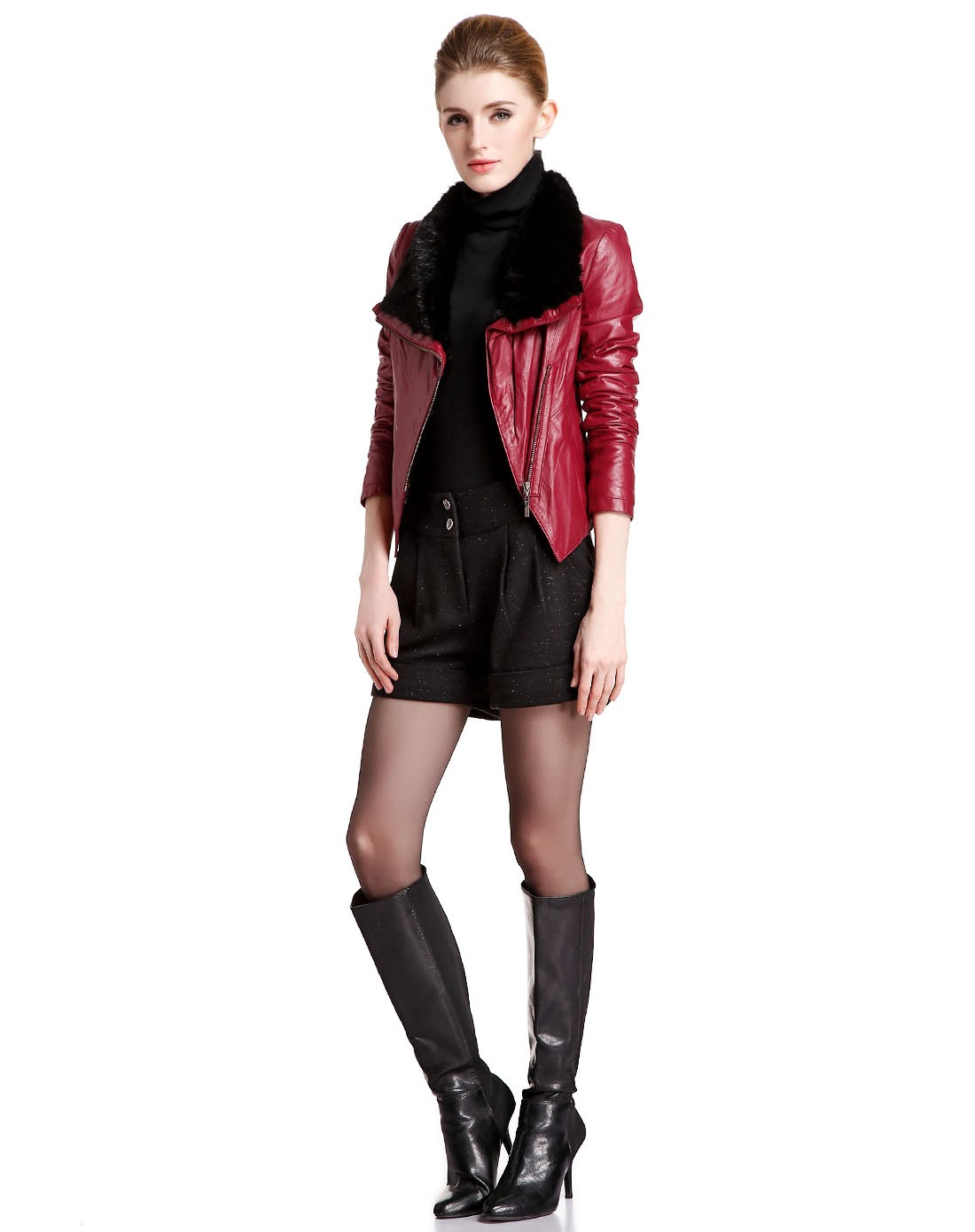 丹尼爱特daniel hechter女装专场 红色个性新潮长袖皮衣