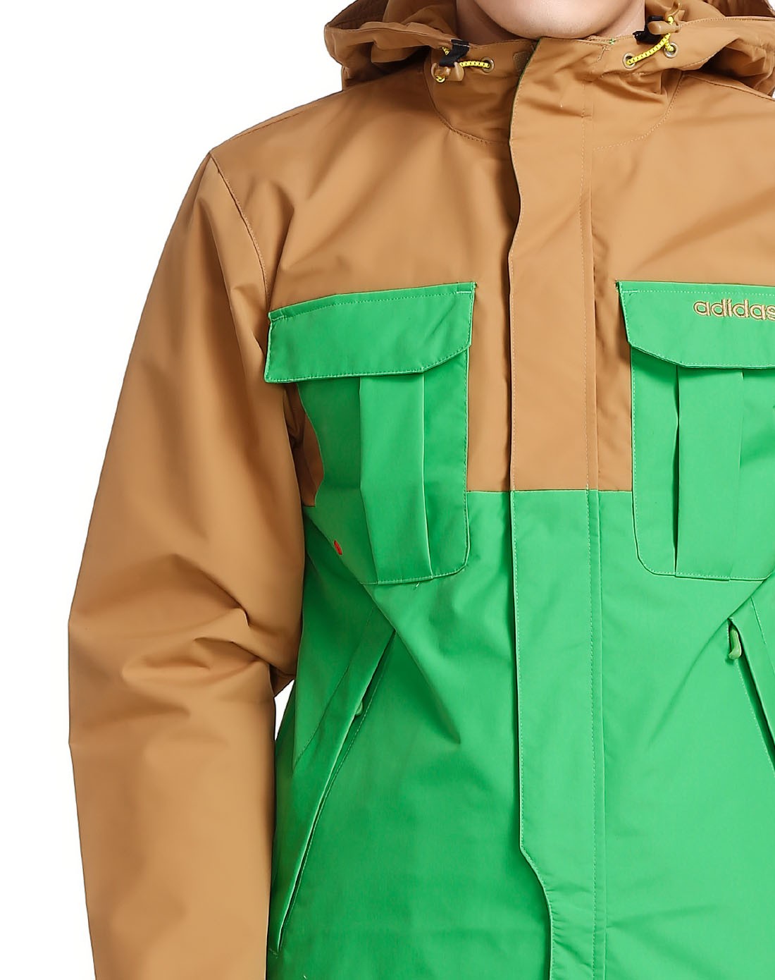 男款卡其配绿色连帽长袖外套 舒适防风