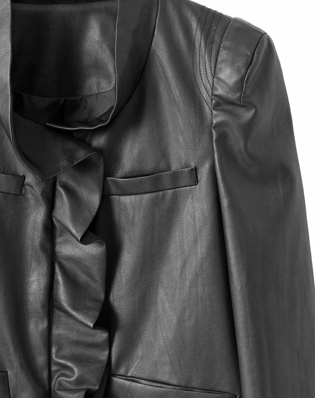 都市丽人荷叶边仿皮外套-黑色