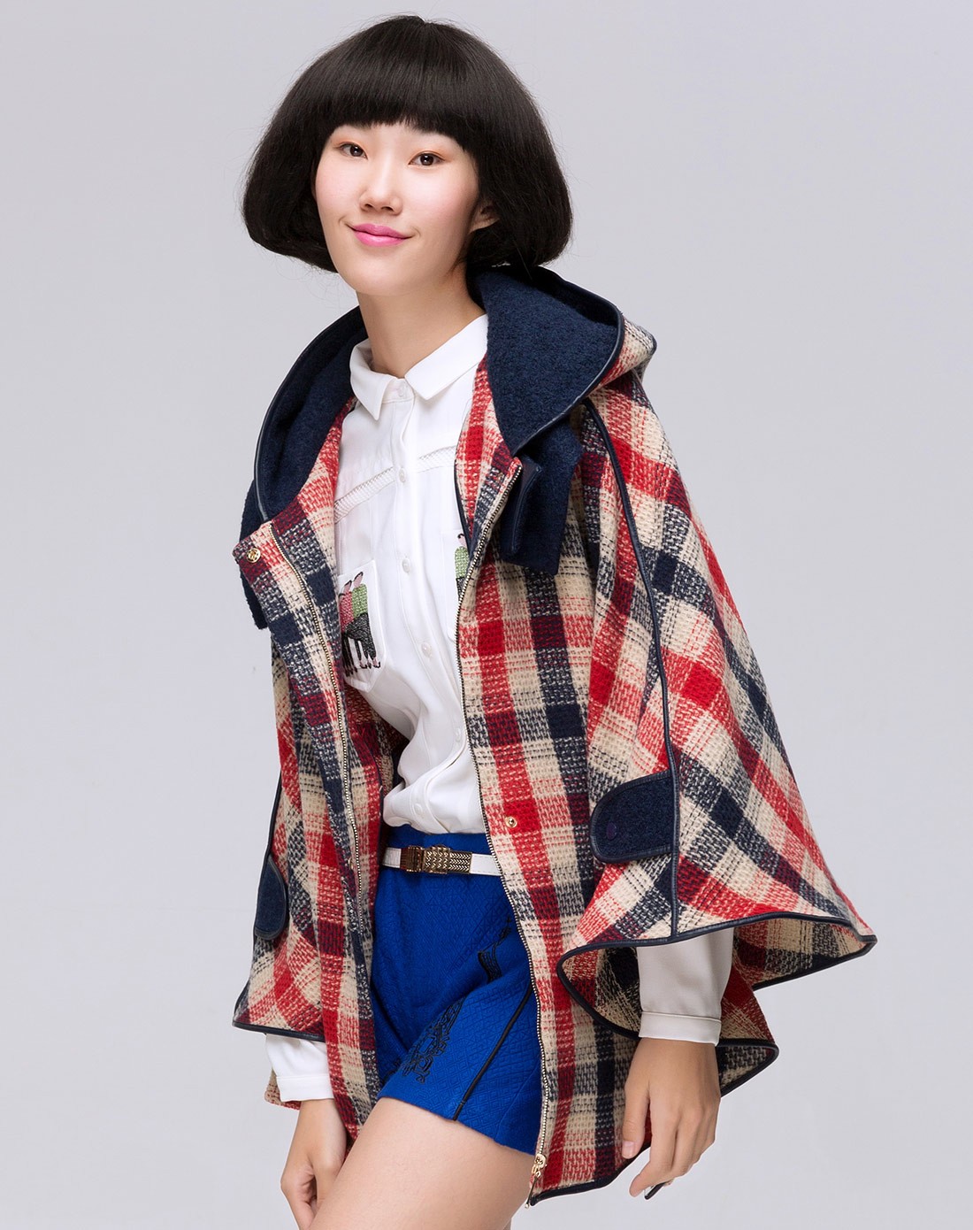 格仔毛呢蝙蝠袖斗篷外套