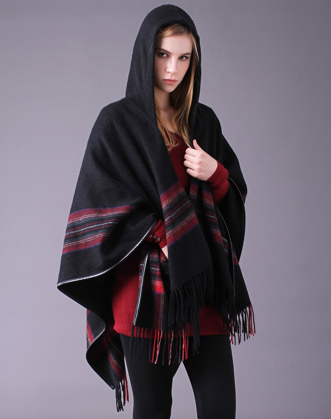 凯撒大帝caesar女羊毛连帽披肩