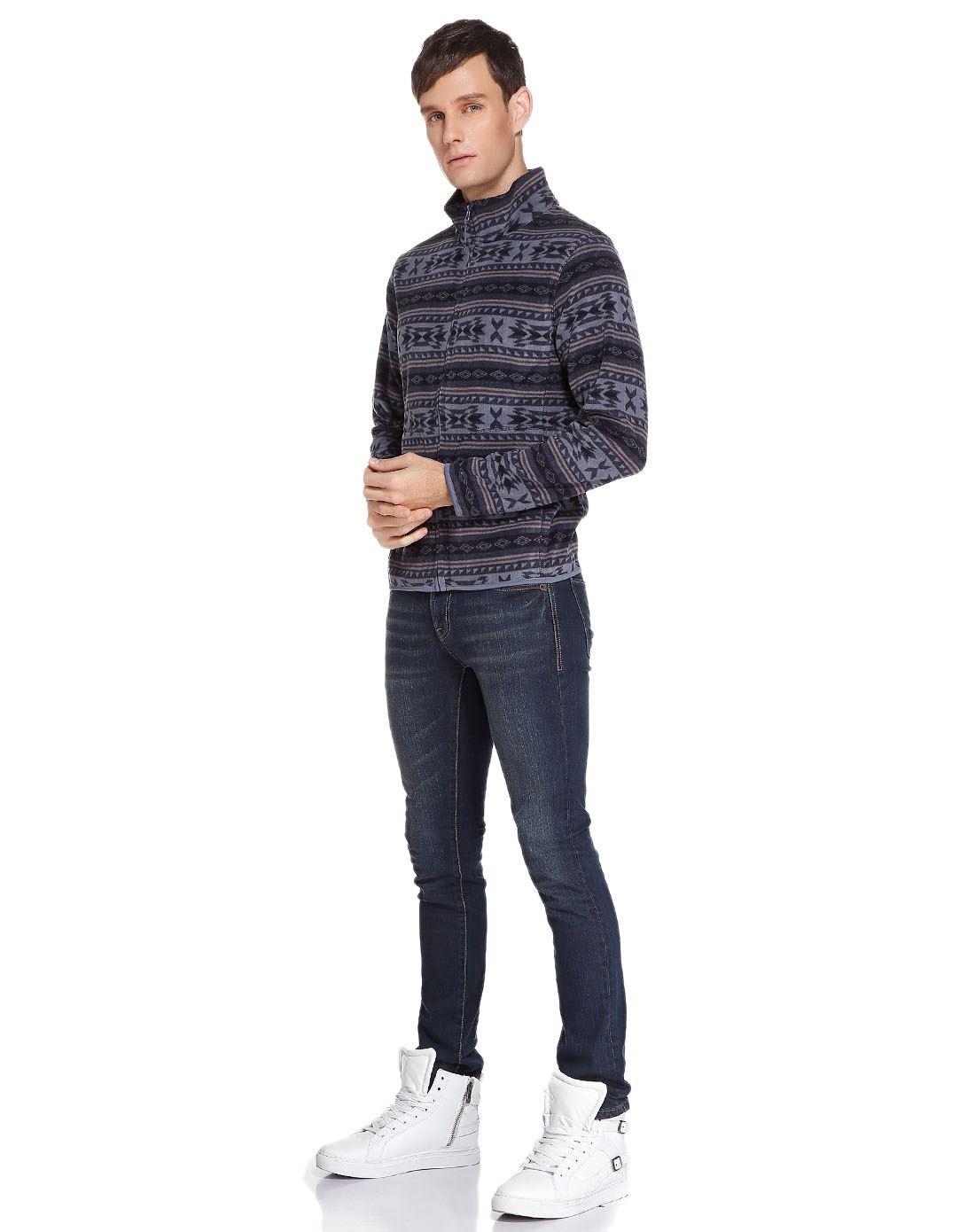 男款蓝灰色绒面提花长袖外套