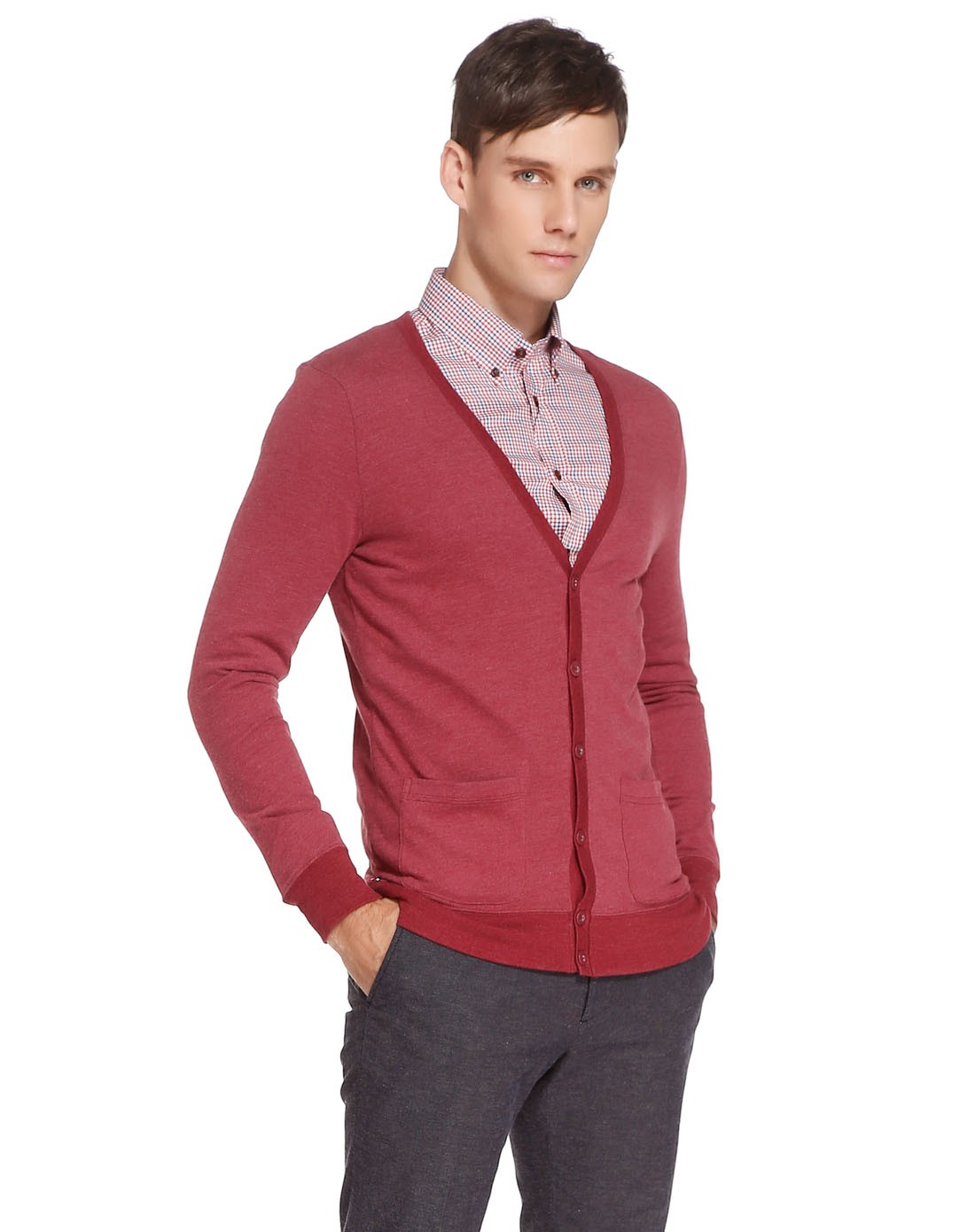 男款浅枣红色时尚开襟长袖针织衫