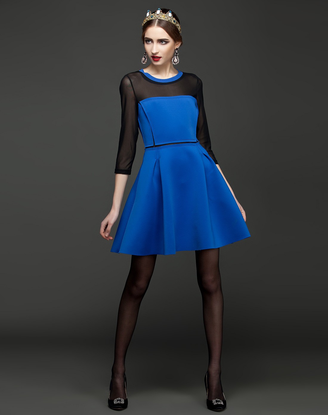 蓝色透视性感拼接打底百搭连衣裙